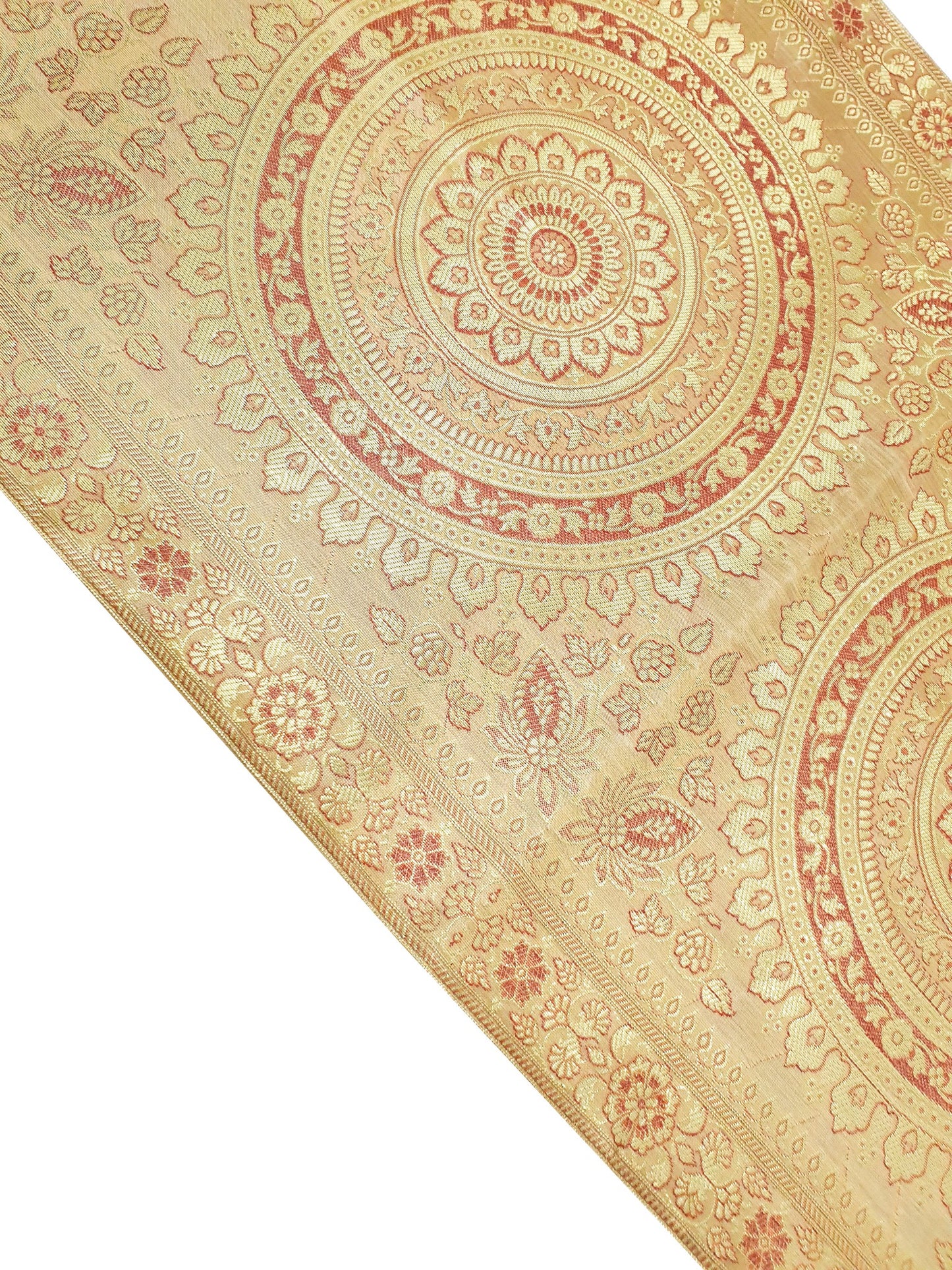 Beige Table Runner 72x16" Banarasi Silk Brocade Mandala Dining Decor Cloth Gift