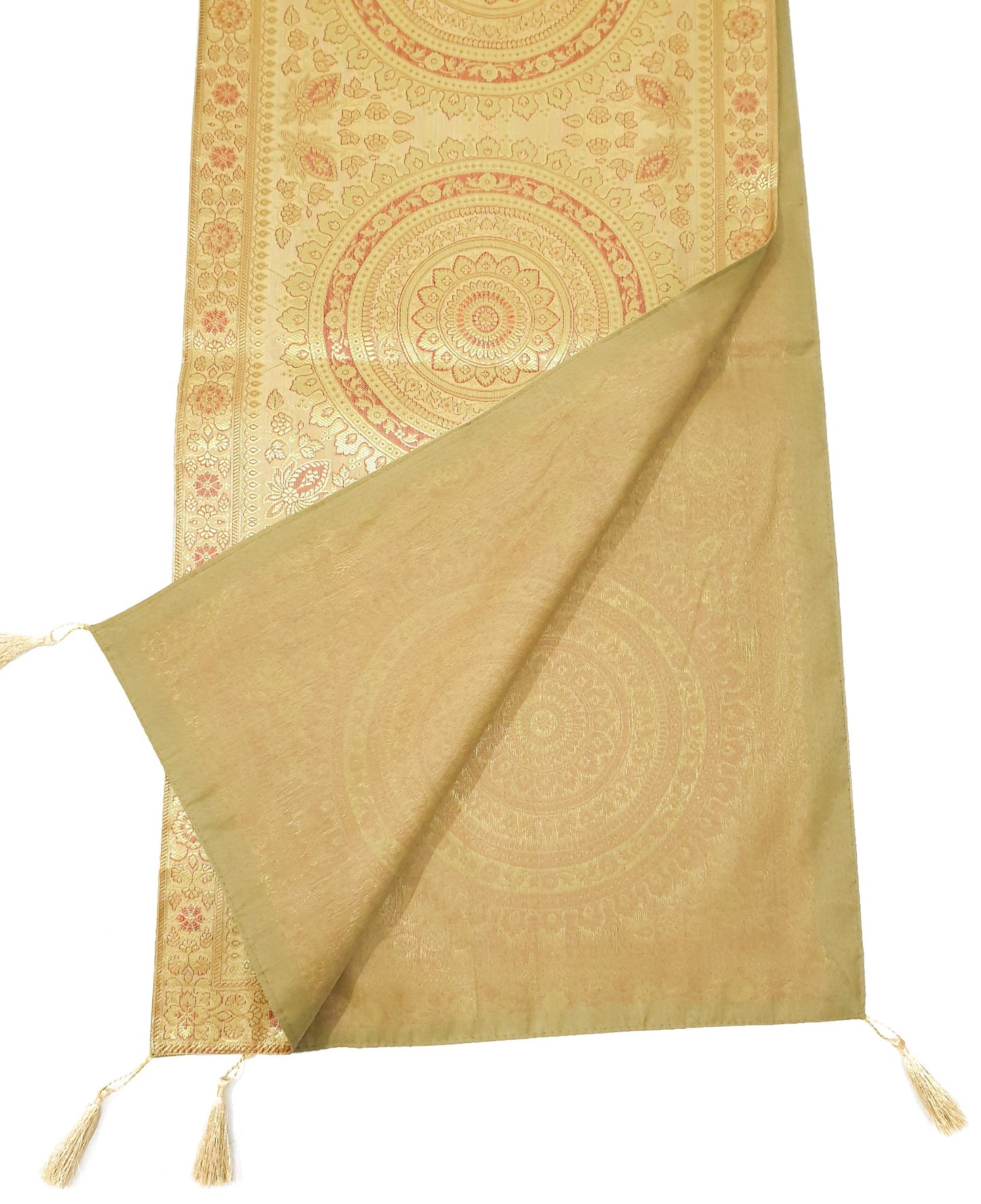 Beige Table Runner 72x16" Banarasi Silk Brocade Mandala Dining Decor Cloth Gift