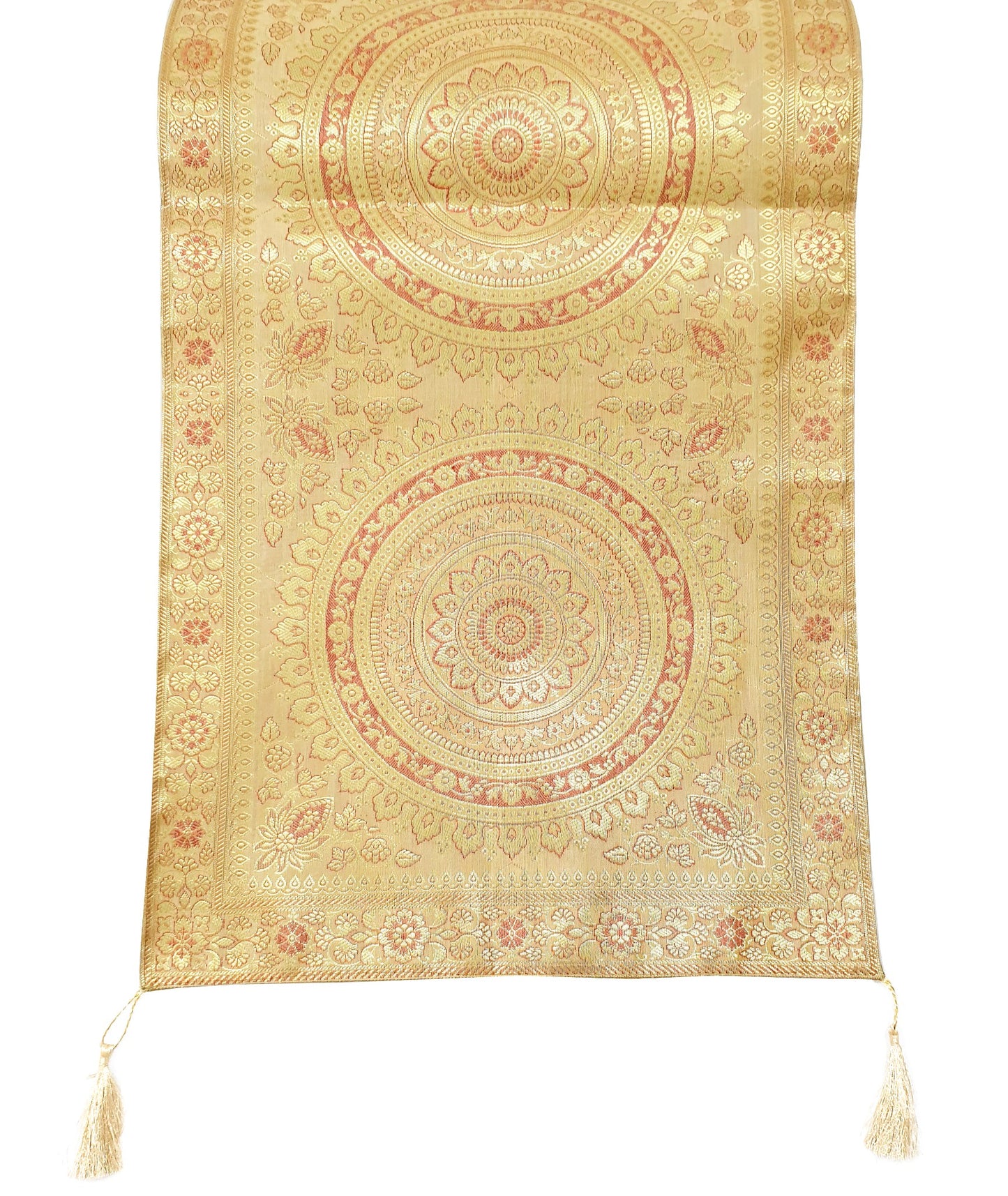 Beige Table Runner 72x16" Banarasi Silk Brocade Mandala Dining Decor Cloth Gift