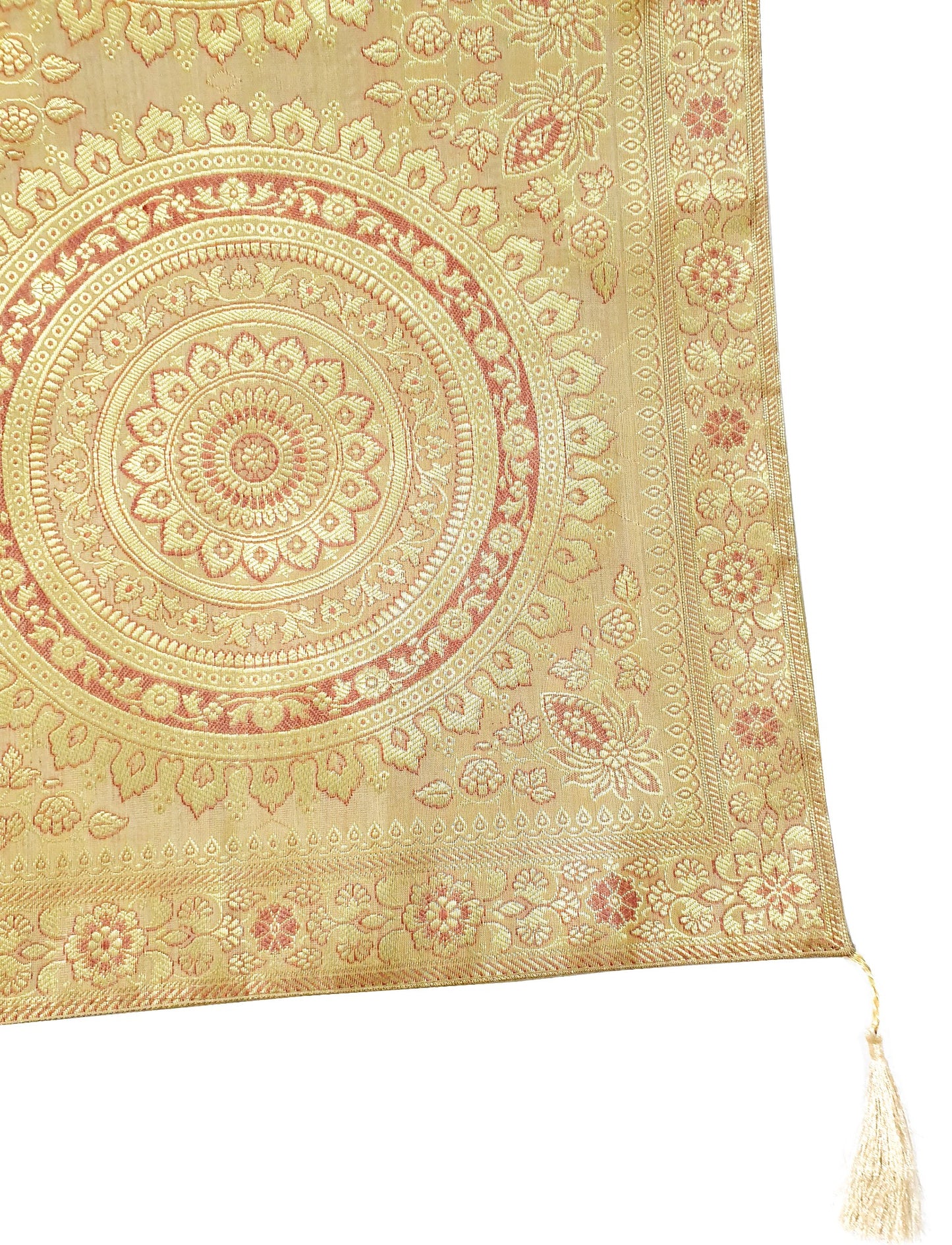 Beige Table Runner 72x16" Banarasi Silk Brocade Mandala Dining Decor Cloth Gift