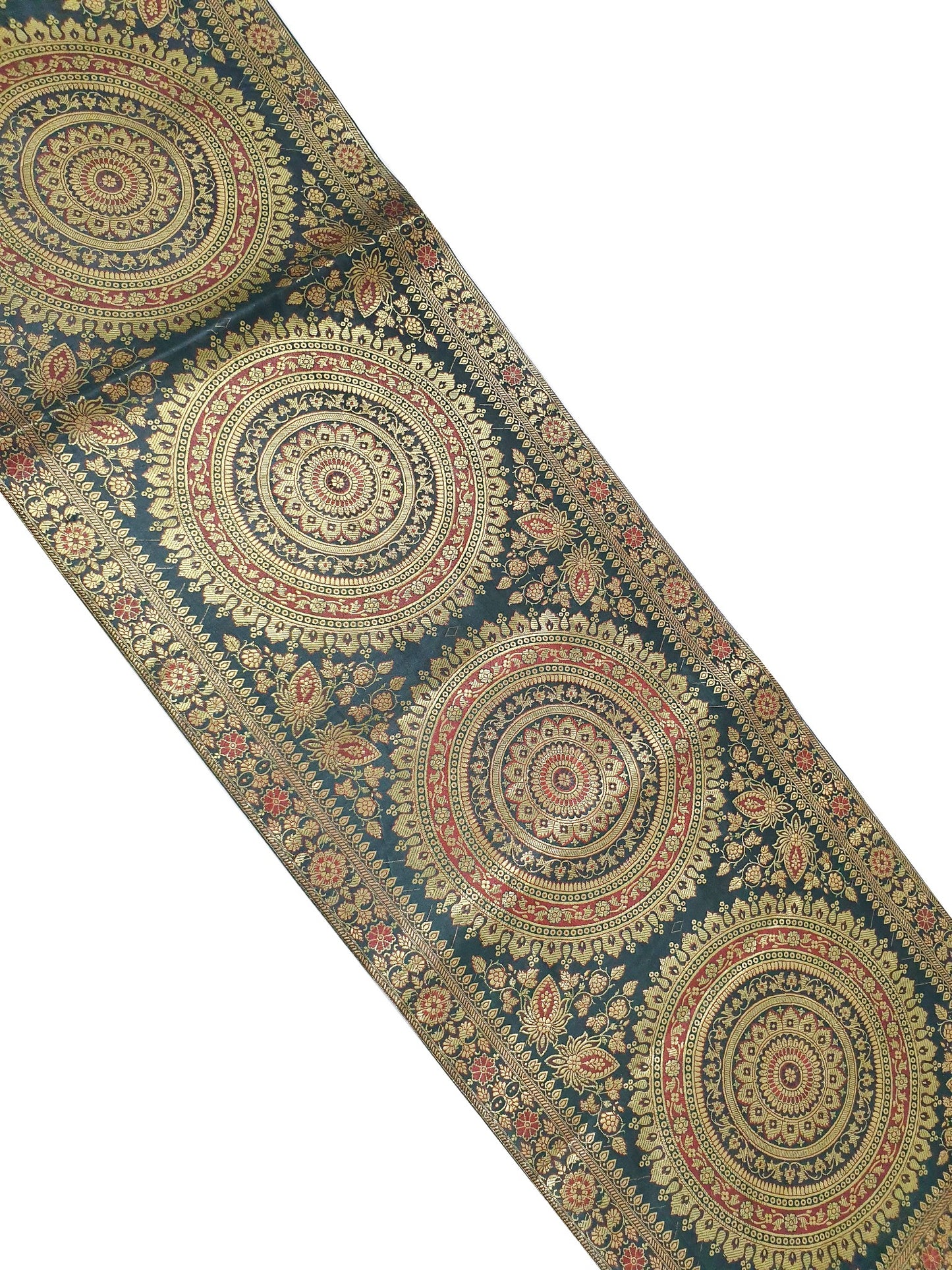 Dark Green Table Runner 72x16" Banarasi Silk Brocade Mandala Dining Decor Cloth