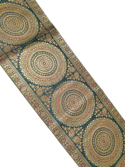 Dark Green Table Runner 72x16" Banarasi Silk Brocade Mandala Dining Decor Cloth