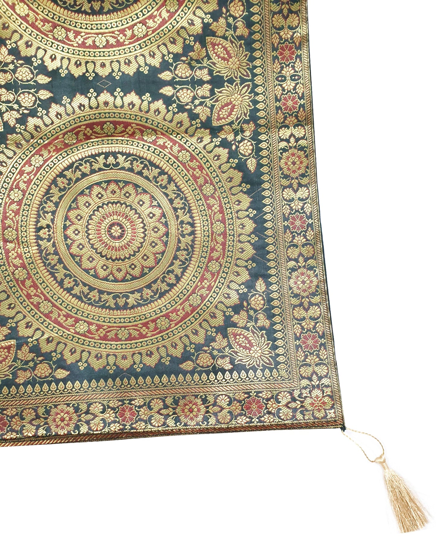 Dark Green Table Runner 72x16" Banarasi Silk Brocade Mandala Dining Decor Cloth