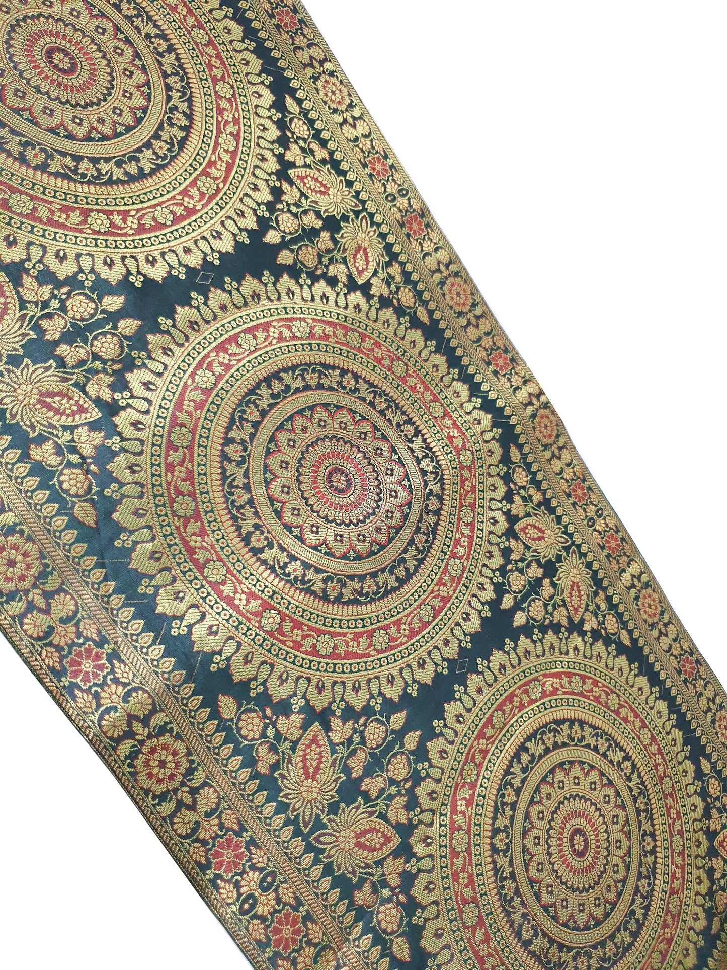 Dark Green Table Runner 72x16" Banarasi Silk Brocade Mandala Dining Decor Cloth