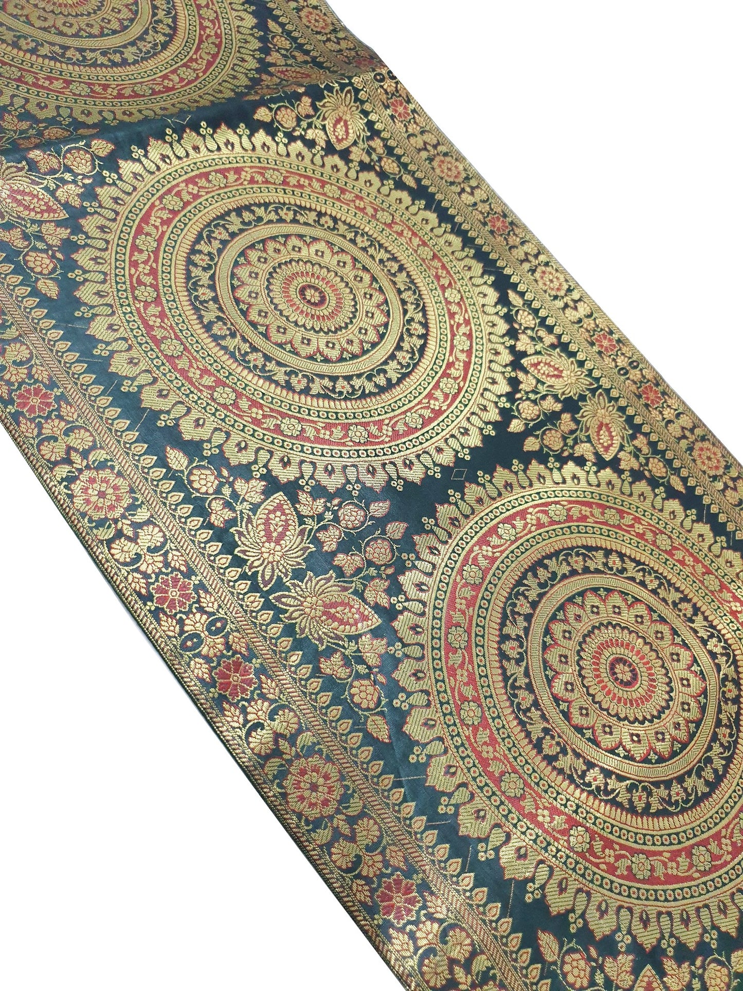 Dark Green Table Runner 72x16" Banarasi Silk Brocade Mandala Dining Decor Cloth
