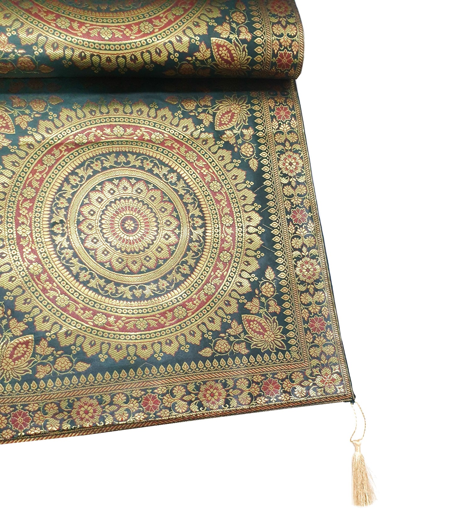 Dark Green Table Runner 72x16" Banarasi Silk Brocade Mandala Dining Decor Cloth