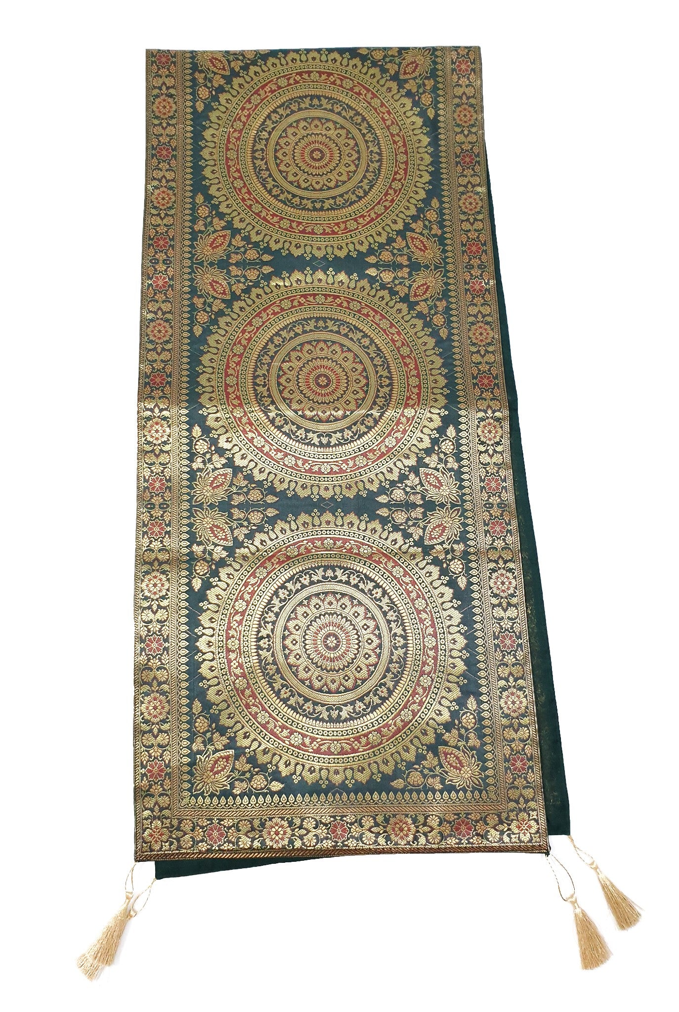 Dark Green Table Runner 72x16" Banarasi Silk Brocade Mandala Dining Decor Cloth