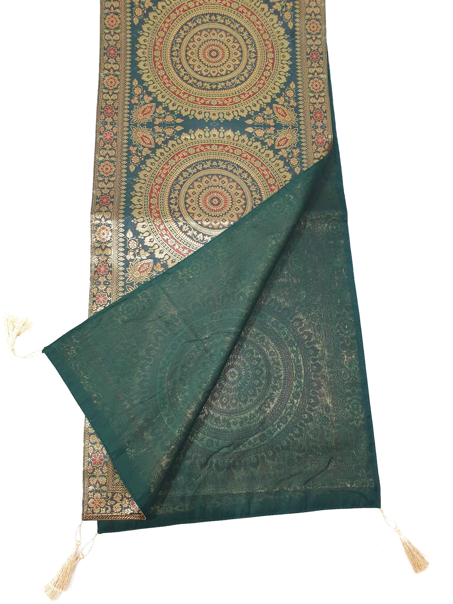Dark Green Table Runner 72x16" Banarasi Silk Brocade Mandala Dining Decor Cloth