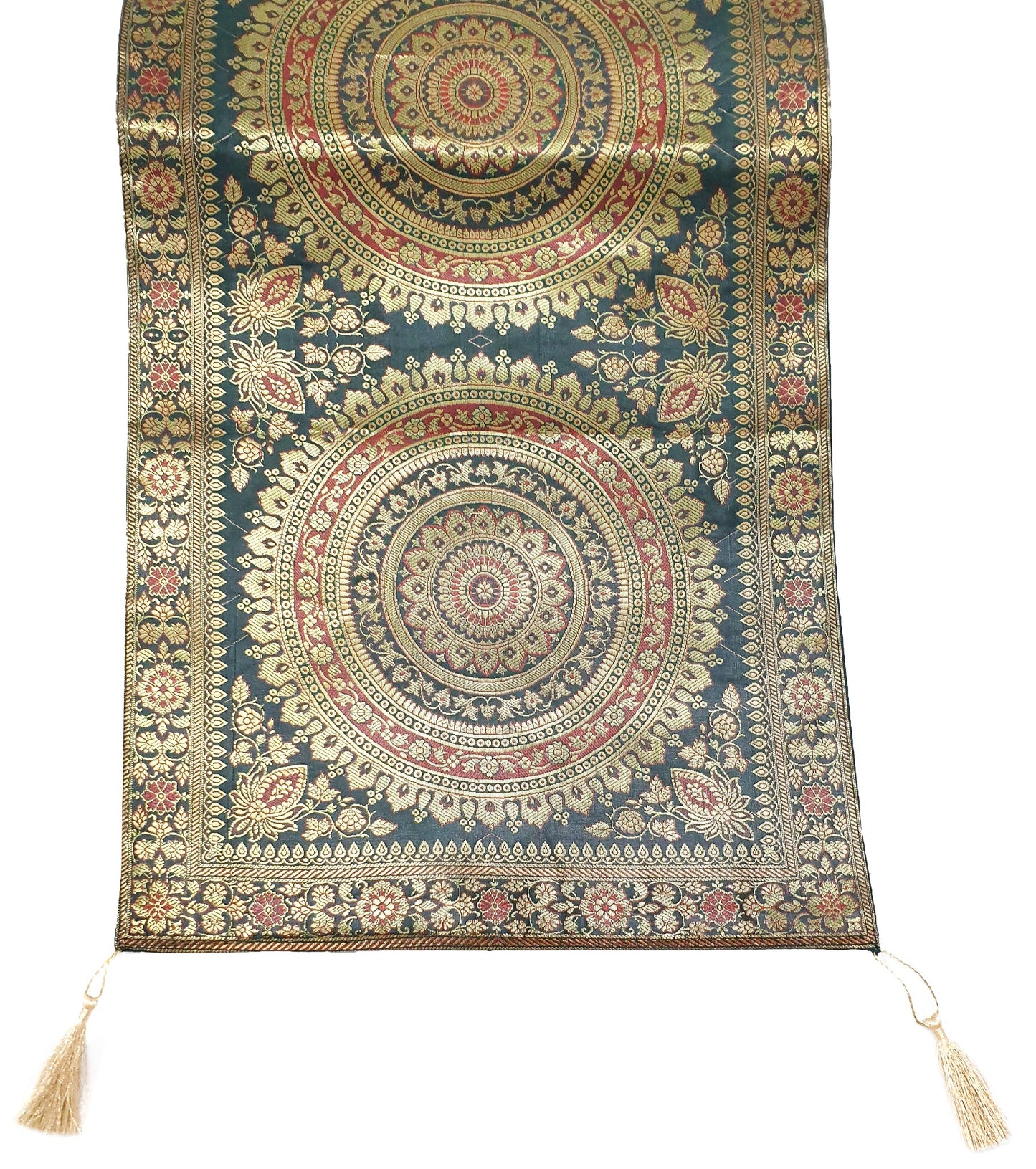 Dark Green Table Runner 72x16" Banarasi Silk Brocade Mandala Dining Decor Cloth