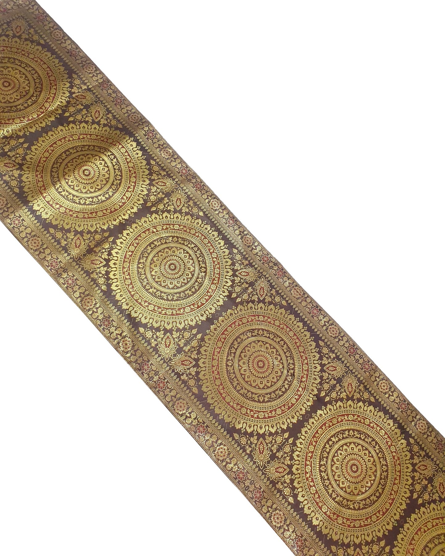 Dark Brown Banarasi Table Runner 72x16" Silk Brocade Mandala Dining Decor Cloth