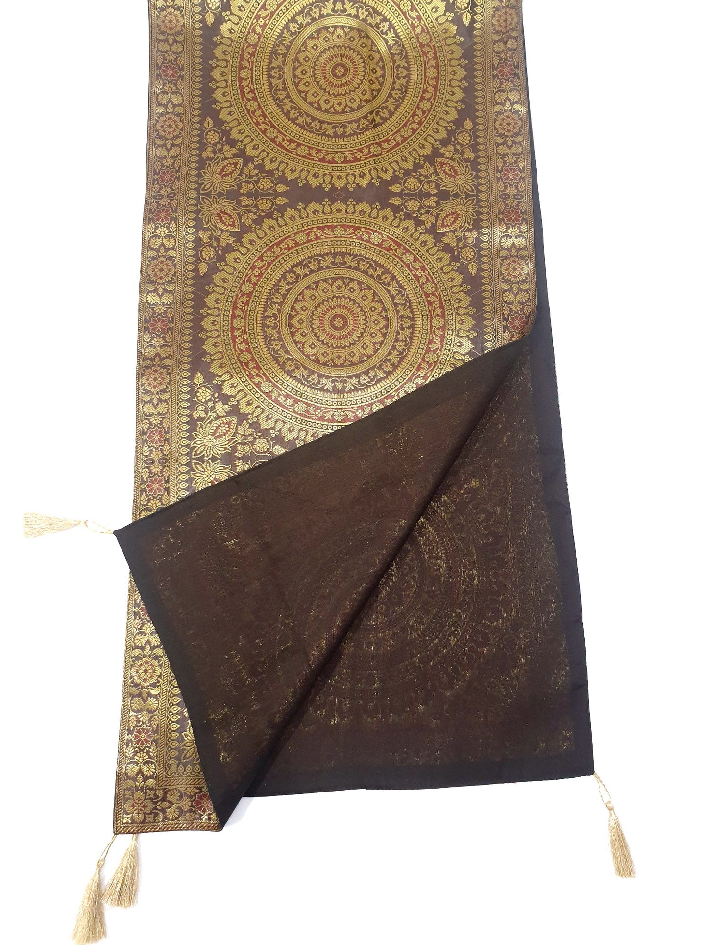 Dark Brown Banarasi Table Runner 72x16" Silk Brocade Mandala Dining Decor Cloth