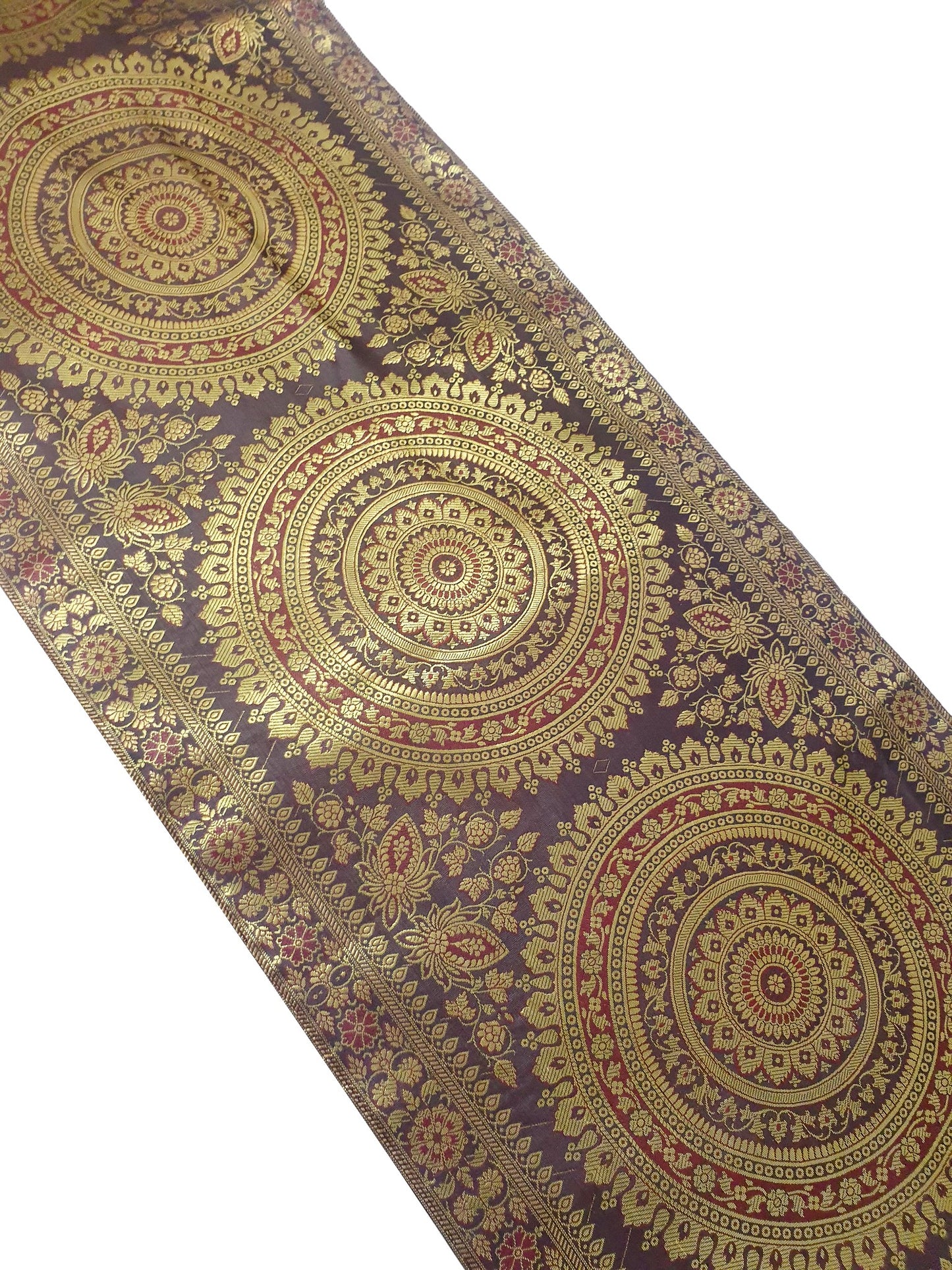Dark Brown Banarasi Table Runner 72x16" Silk Brocade Mandala Dining Decor Cloth