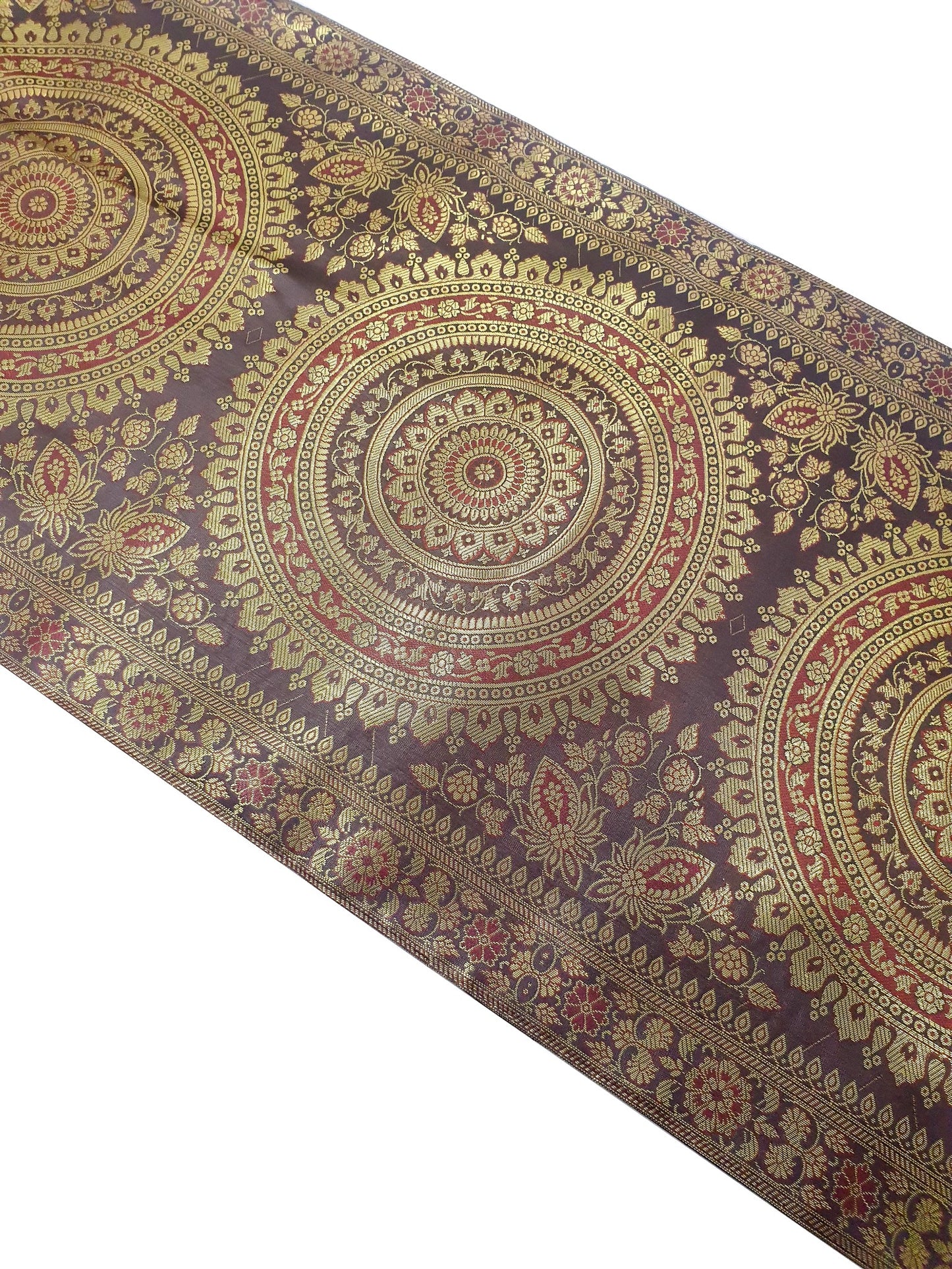 Dark Brown Banarasi Table Runner 72x16" Silk Brocade Mandala Dining Decor Cloth