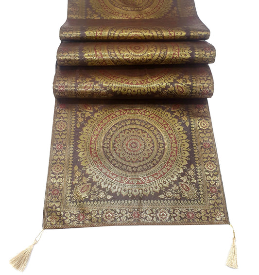 Dark Brown Banarasi Table Runner 72x16" Silk Brocade Mandala Dining Decor Cloth