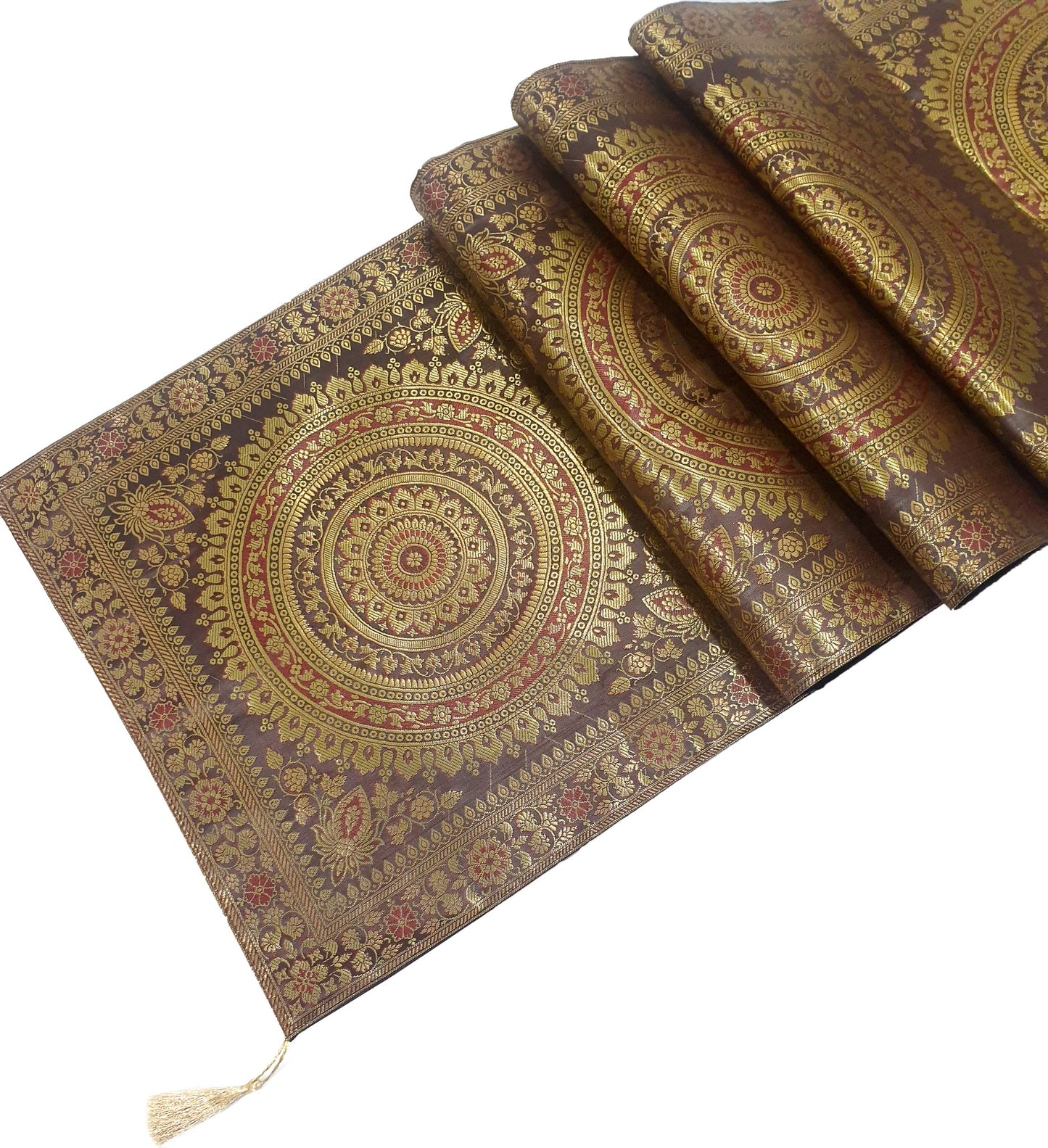 Dark Brown Banarasi Table Runner 72x16" Silk Brocade Mandala Dining Decor Cloth