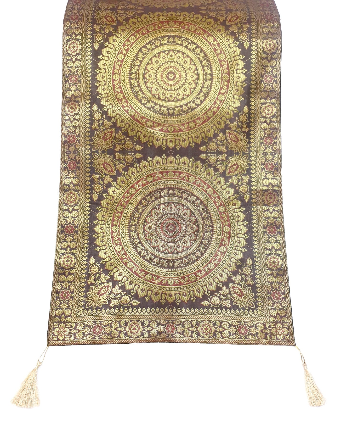 Dark Brown Banarasi Table Runner 72x16" Silk Brocade Mandala Dining Decor Cloth