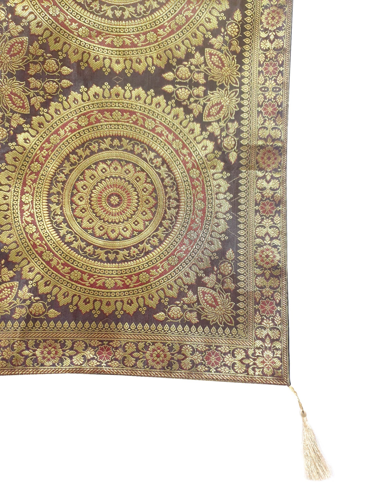 Dark Brown Banarasi Table Runner 72x16" Silk Brocade Mandala Dining Decor Cloth