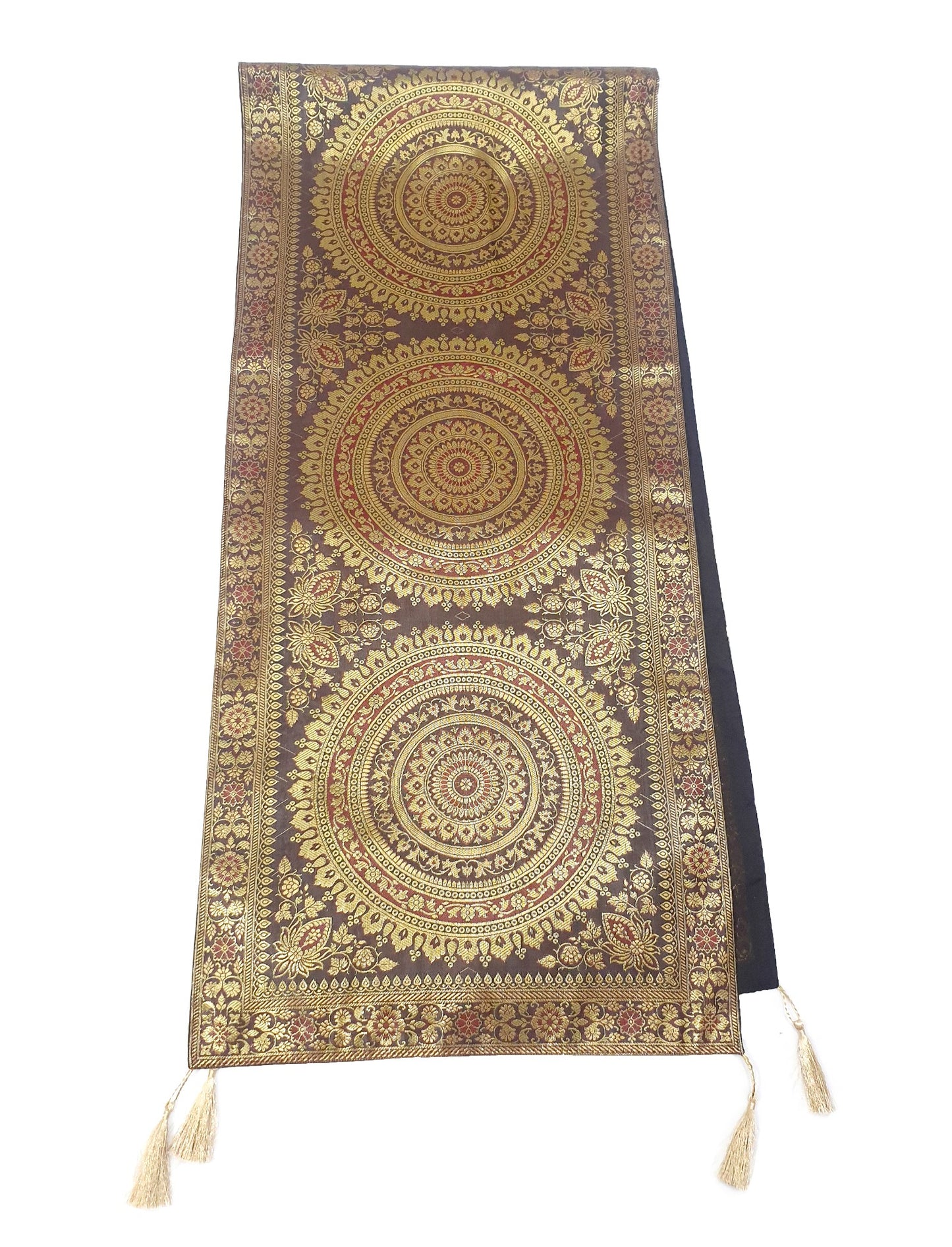 Dark Brown Banarasi Table Runner 72x16" Silk Brocade Mandala Dining Decor Cloth