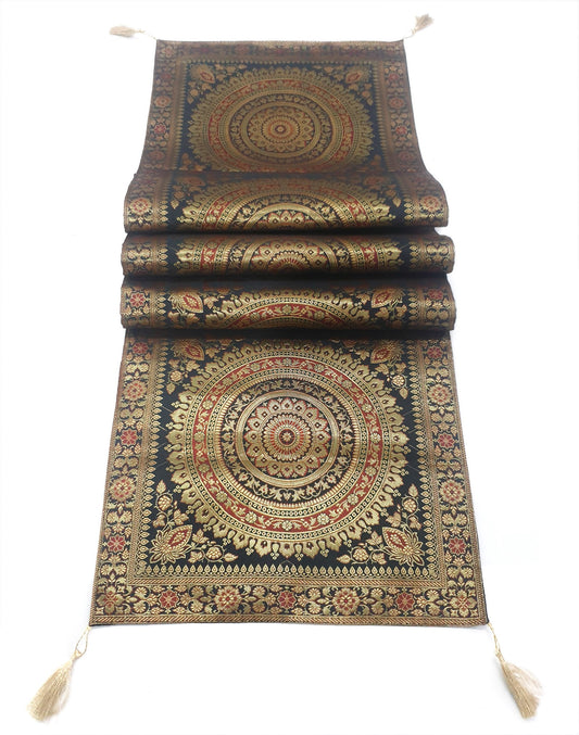 Black Banarasi Table Runner 72x16" Silk Brocade Mandala Dining Decor Cloth Gift
