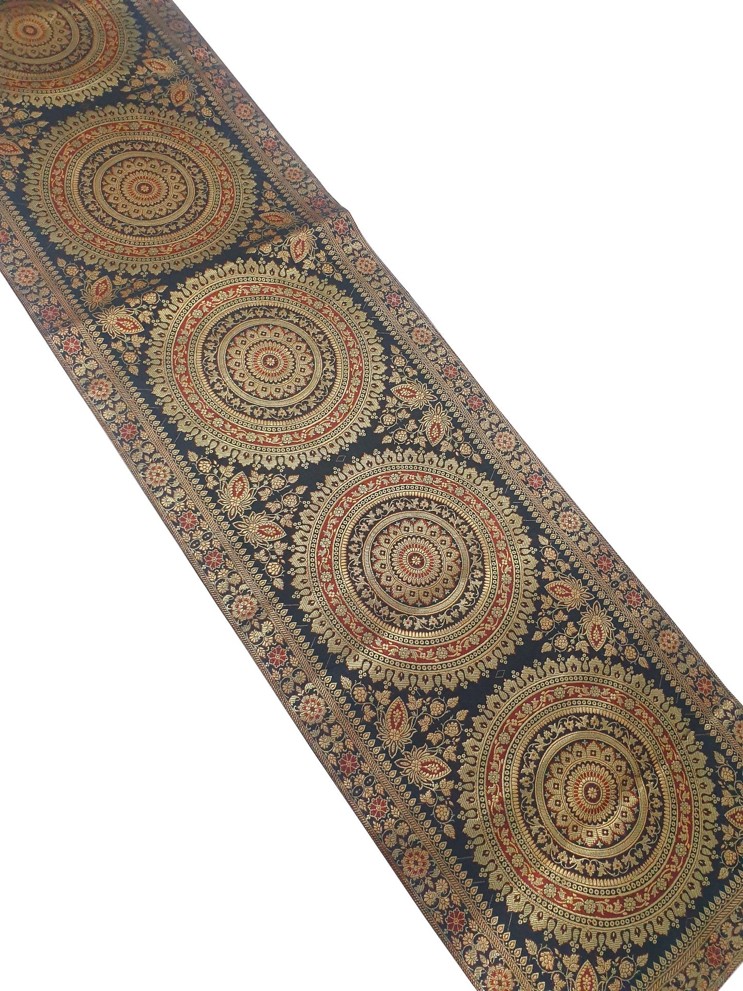 Black Banarasi Table Runner 72x16" Silk Brocade Mandala Dining Decor Cloth Gift