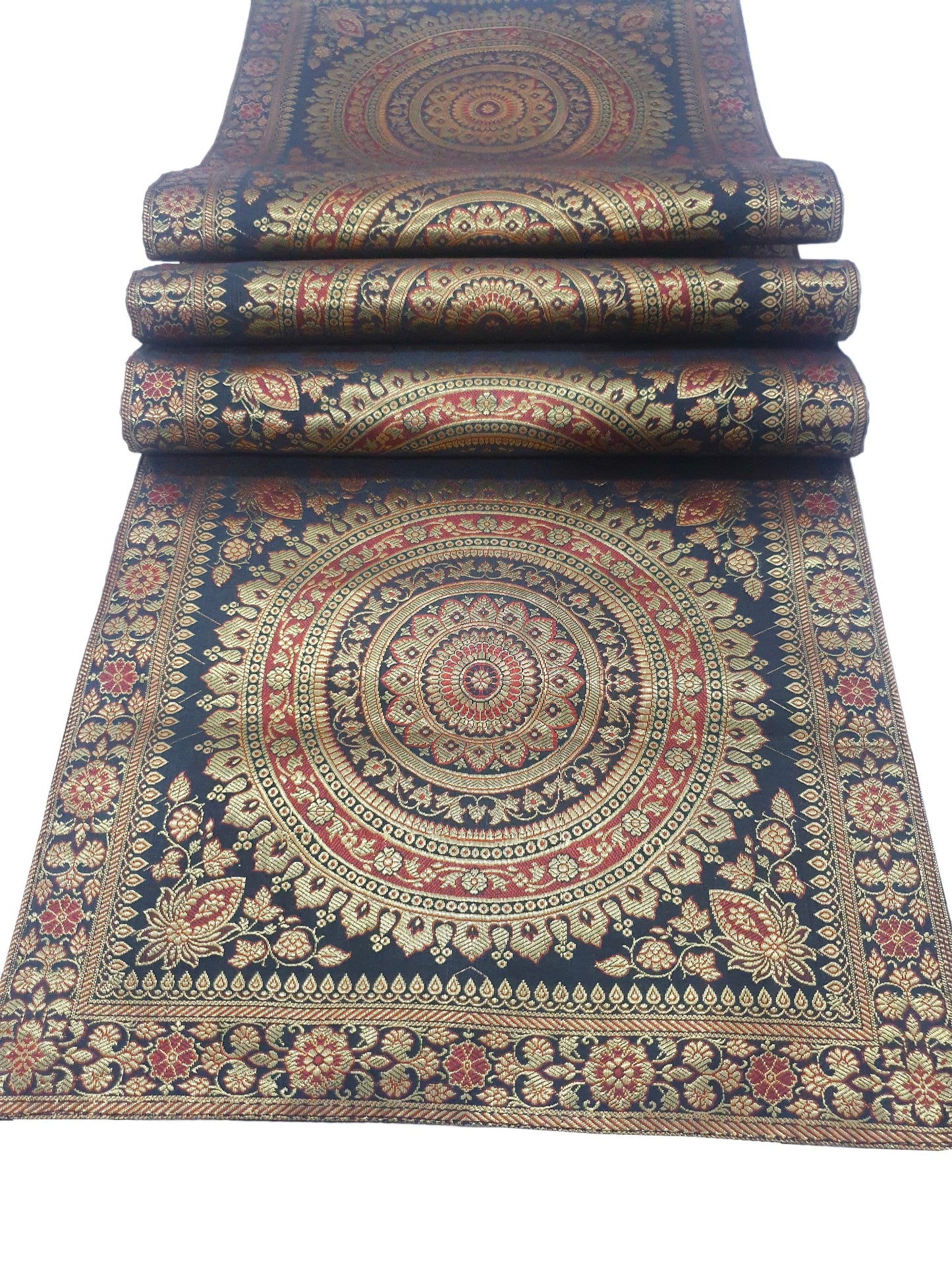 Black Banarasi Table Runner 72x16" Silk Brocade Mandala Dining Decor Cloth Gift