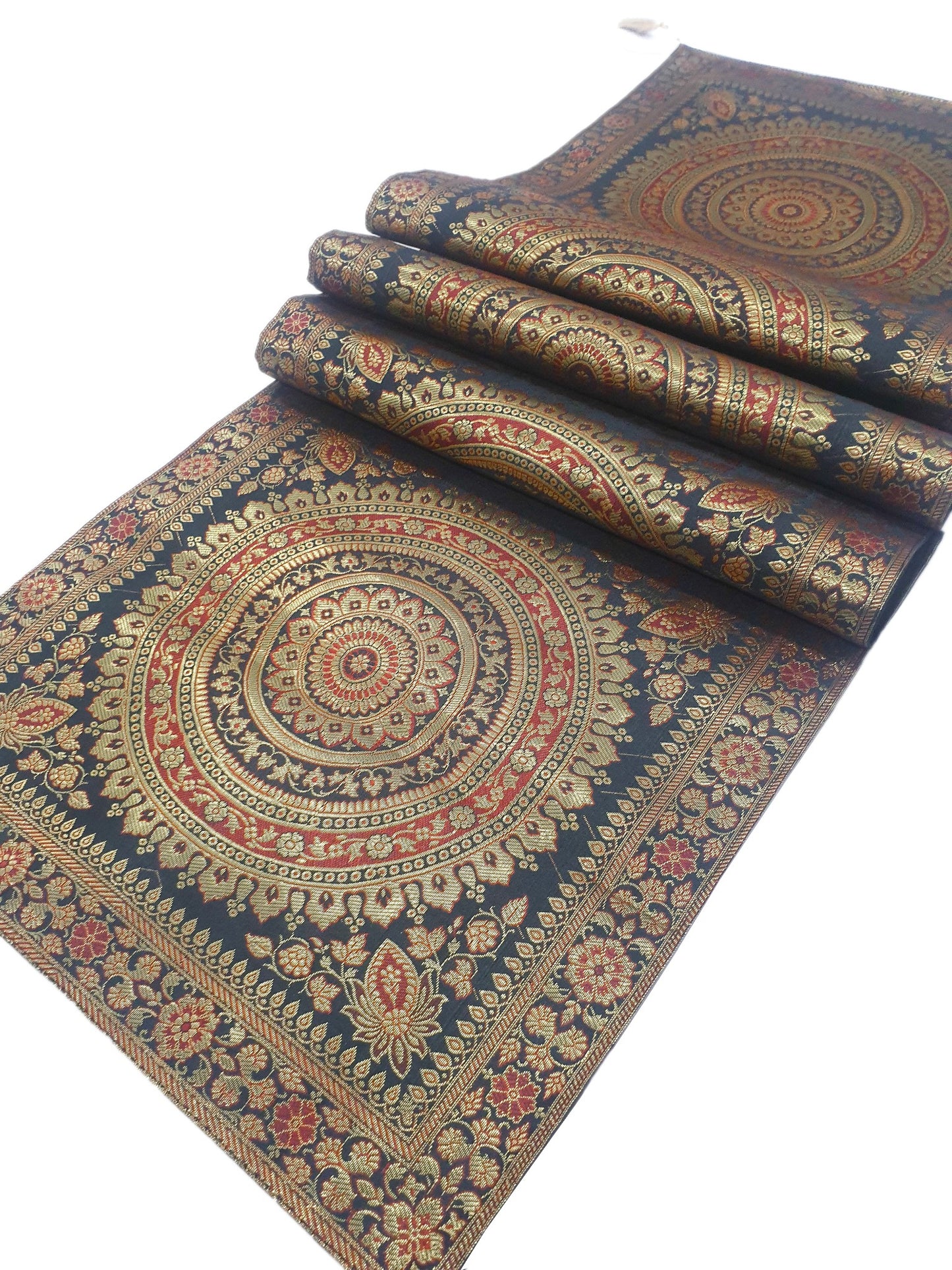 Black Banarasi Table Runner 72x16" Silk Brocade Mandala Dining Decor Cloth Gift