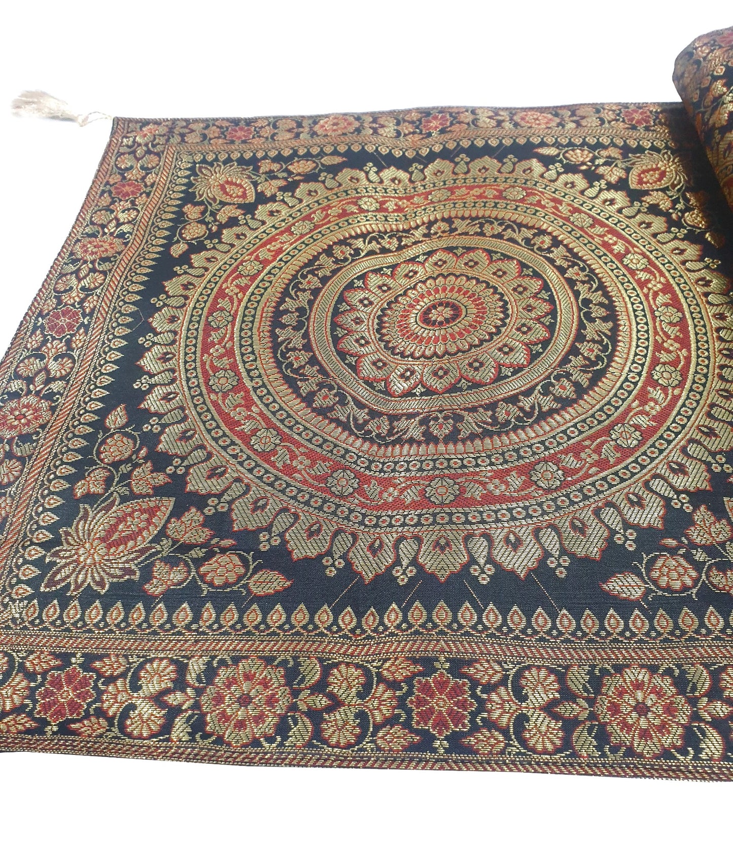 Black Banarasi Table Runner 72x16" Silk Brocade Mandala Dining Decor Cloth Gift
