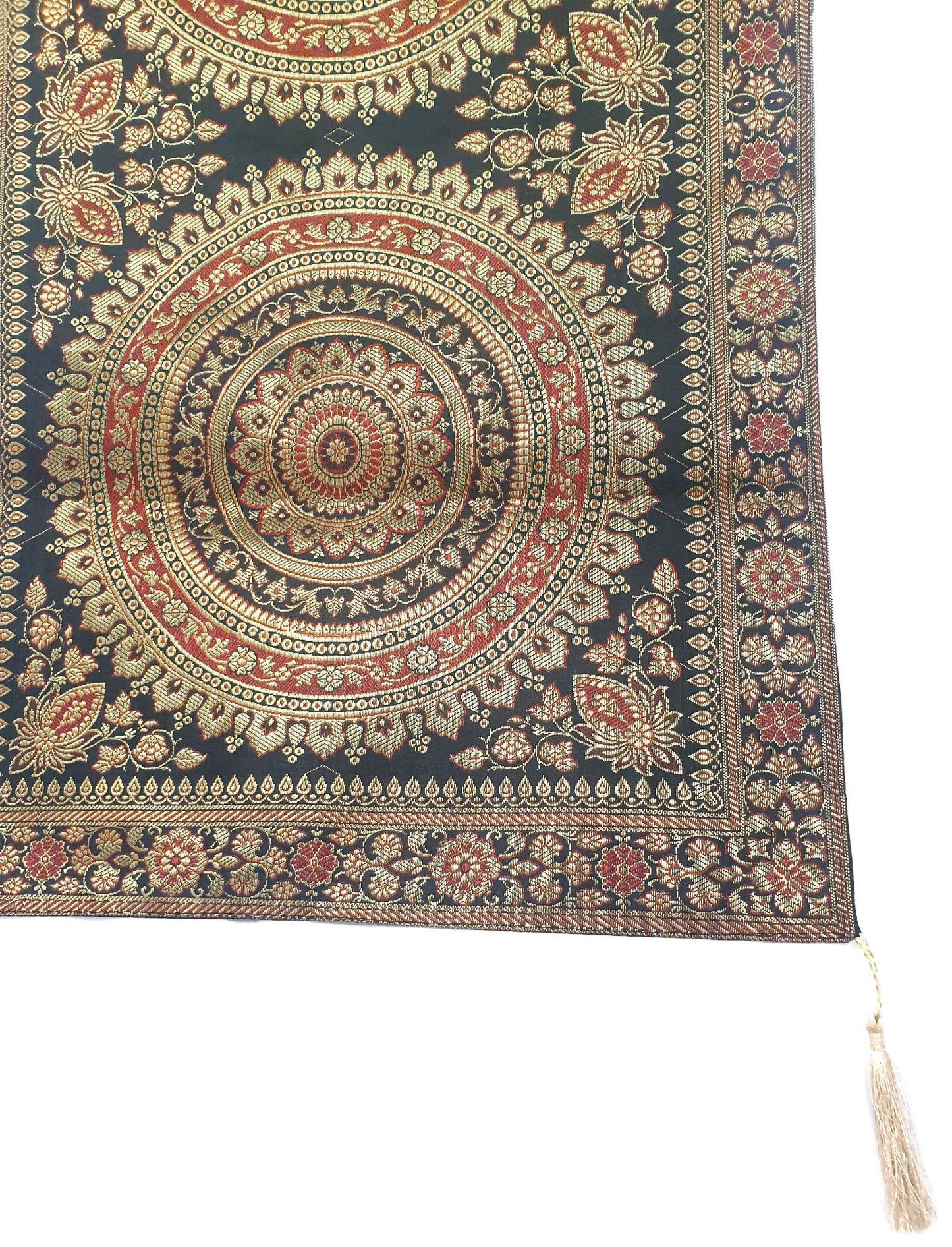 Black Banarasi Table Runner 72x16" Silk Brocade Mandala Dining Decor Cloth Gift