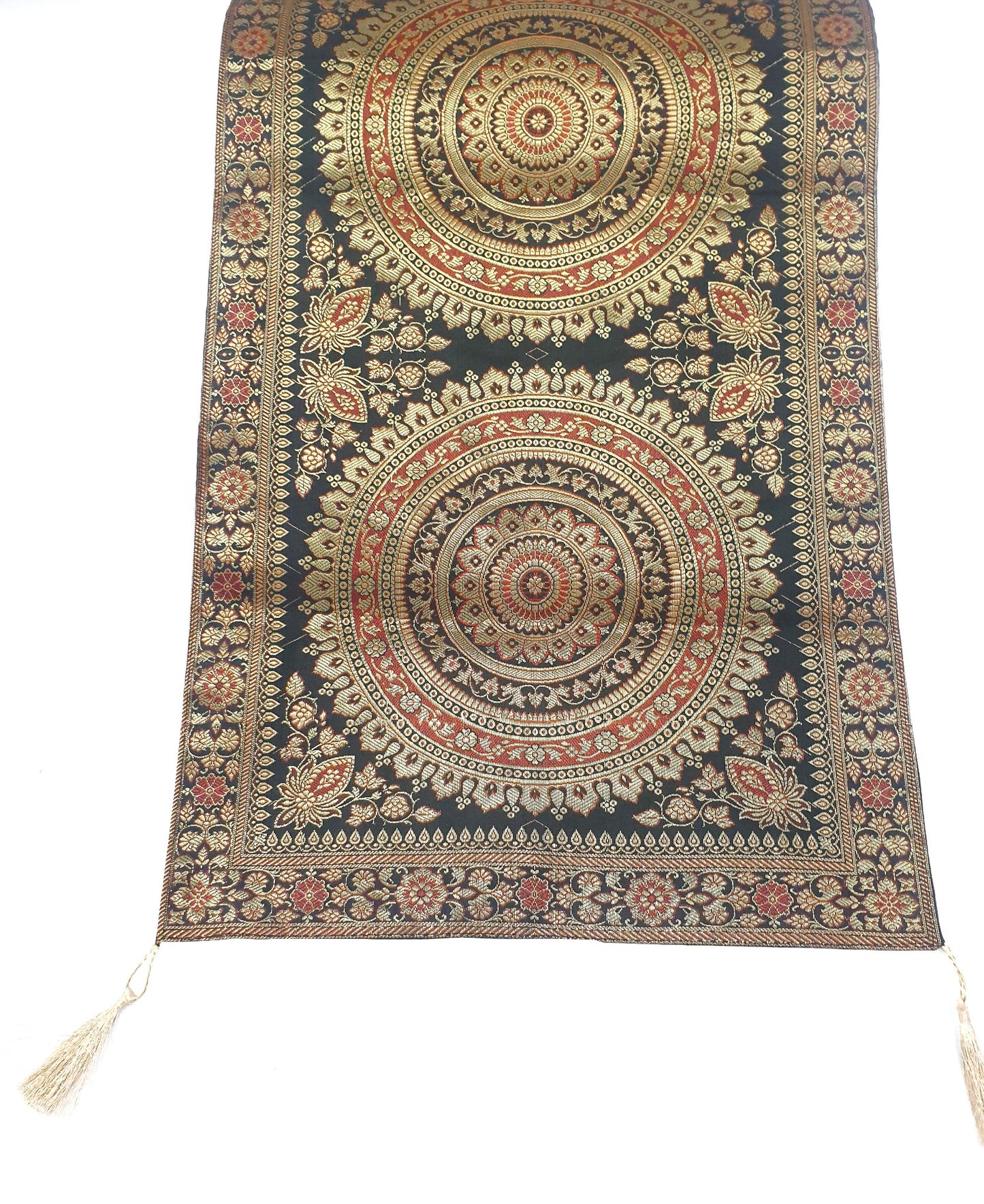 Black Banarasi Table Runner 72x16" Silk Brocade Mandala Dining Decor Cloth Gift