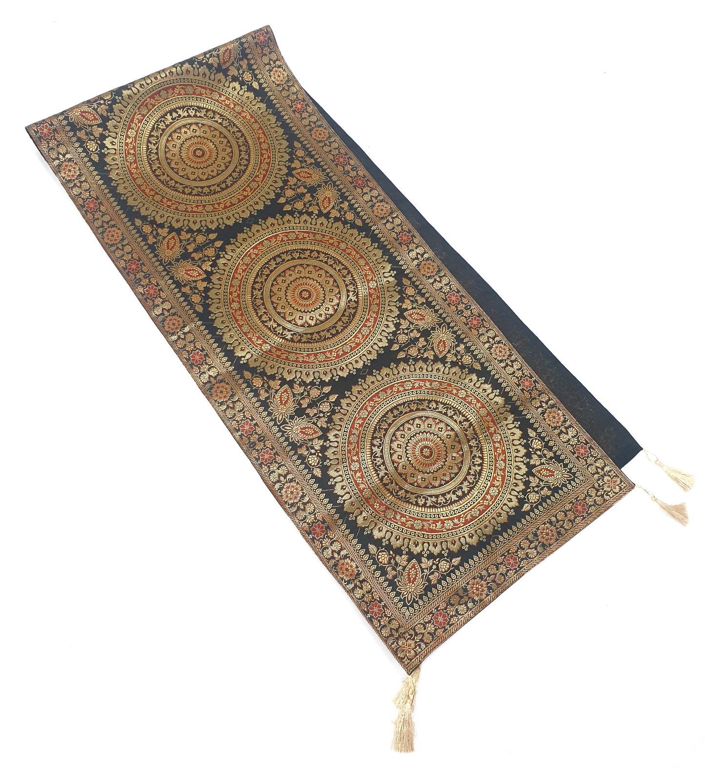 Black Banarasi Table Runner 72x16" Silk Brocade Mandala Dining Decor Cloth Gift