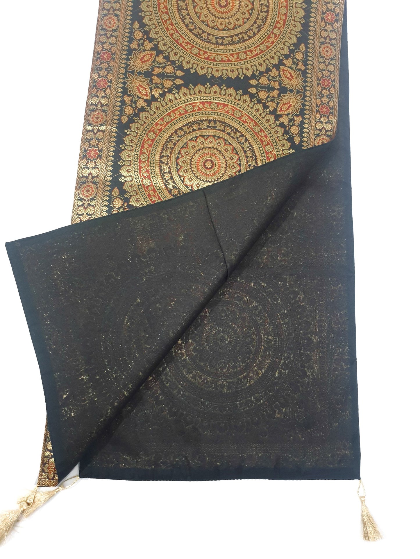 Black Banarasi Table Runner 72x16" Silk Brocade Mandala Dining Decor Cloth Gift