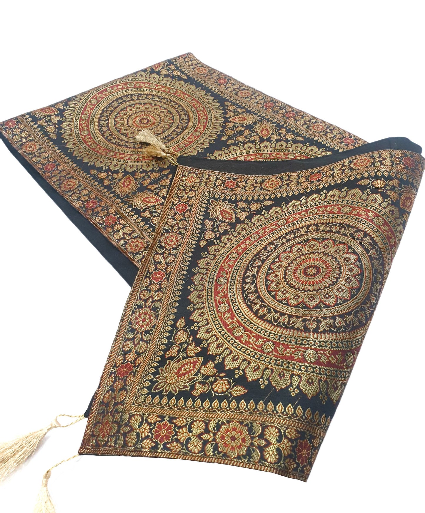 Black Banarasi Table Runner 72x16" Silk Brocade Mandala Dining Decor Cloth Gift