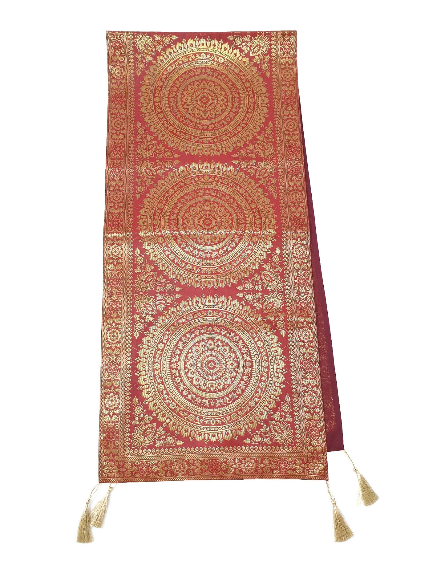 Red Banarasi Table Runner 72x16" Silk Brocade Mandala Dining Decor Cloth Gift