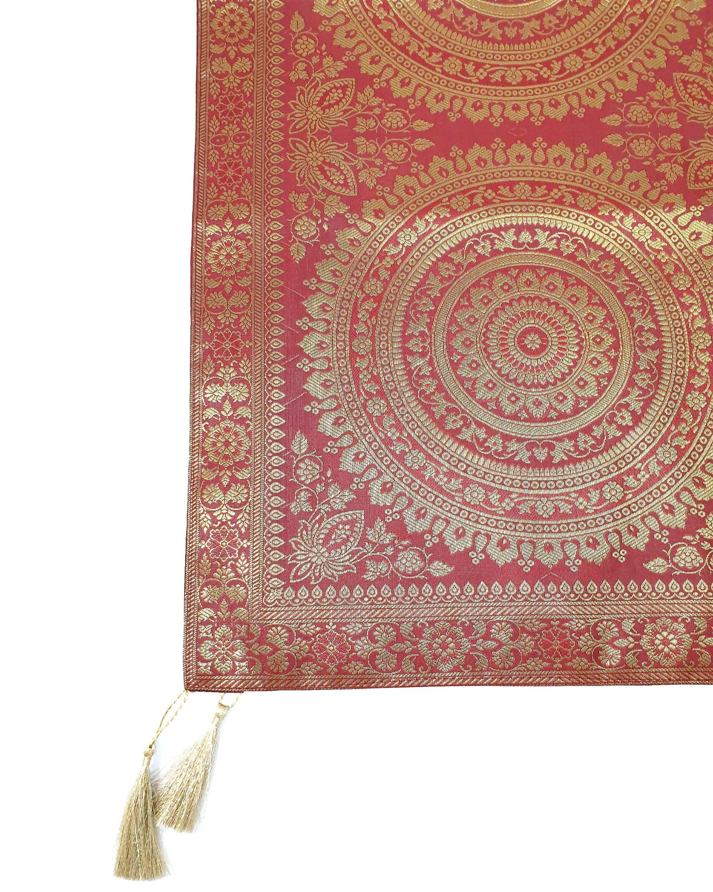 Red Banarasi Table Runner 72x16" Silk Brocade Mandala Dining Decor Cloth Gift