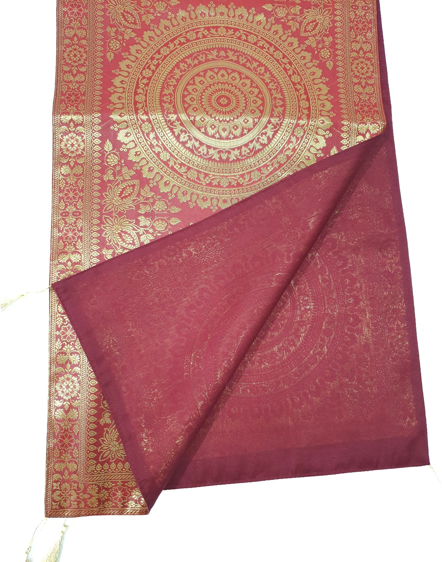 Red Banarasi Table Runner 72x16" Silk Brocade Mandala Dining Decor Cloth Gift