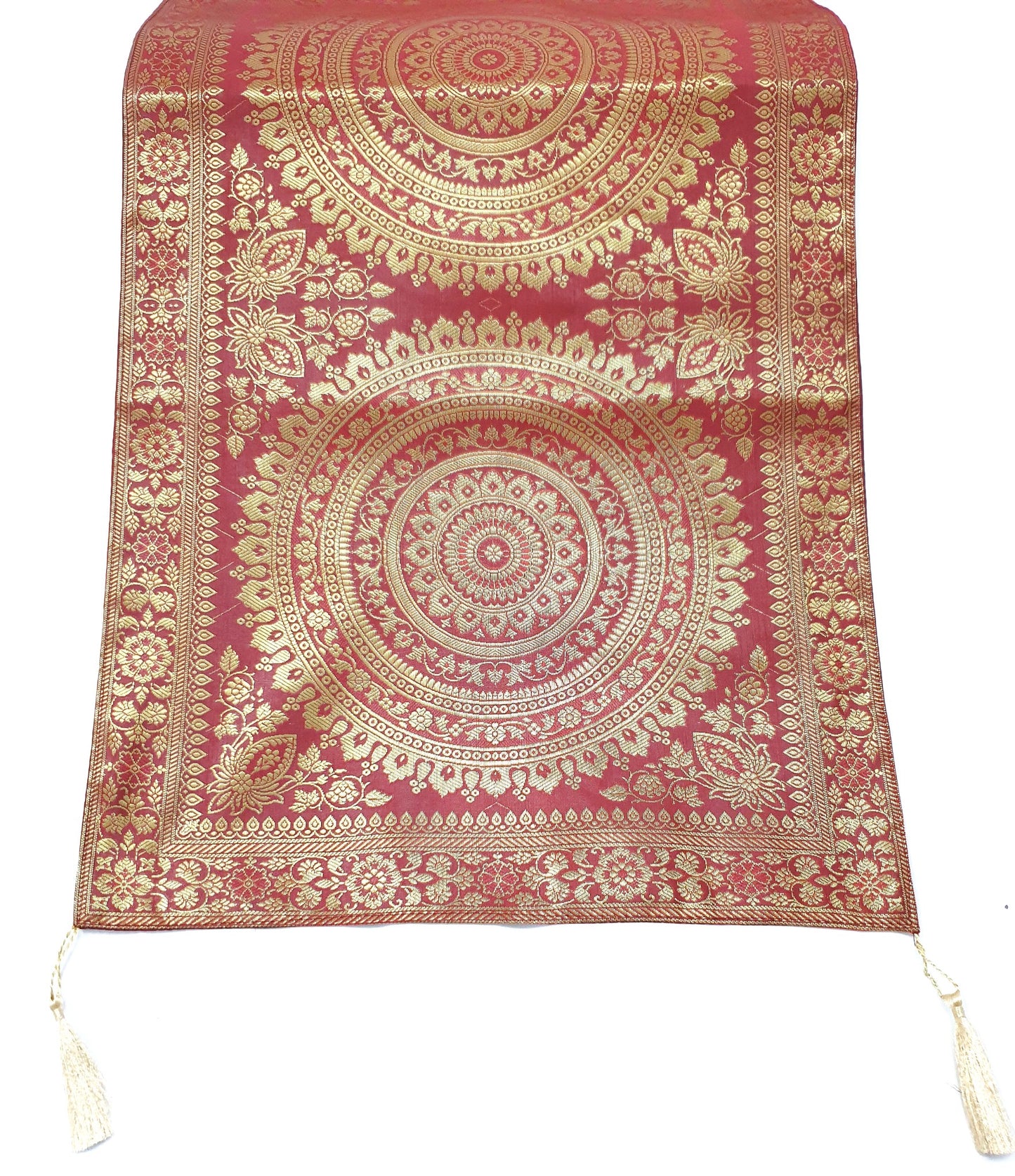 Red Banarasi Table Runner 72x16" Silk Brocade Mandala Dining Decor Cloth Gift