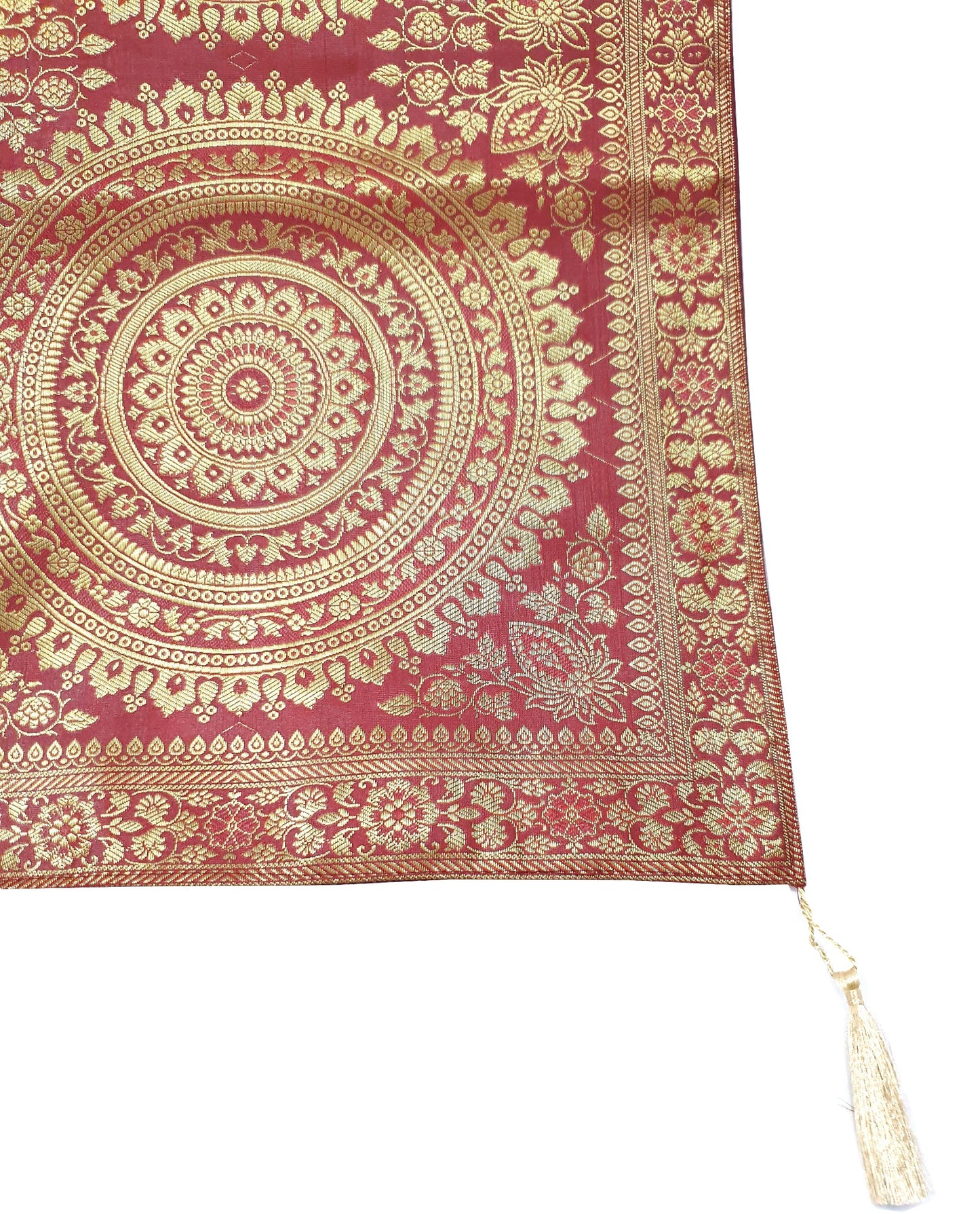 Red Banarasi Table Runner 72x16" Silk Brocade Mandala Dining Decor Cloth Gift