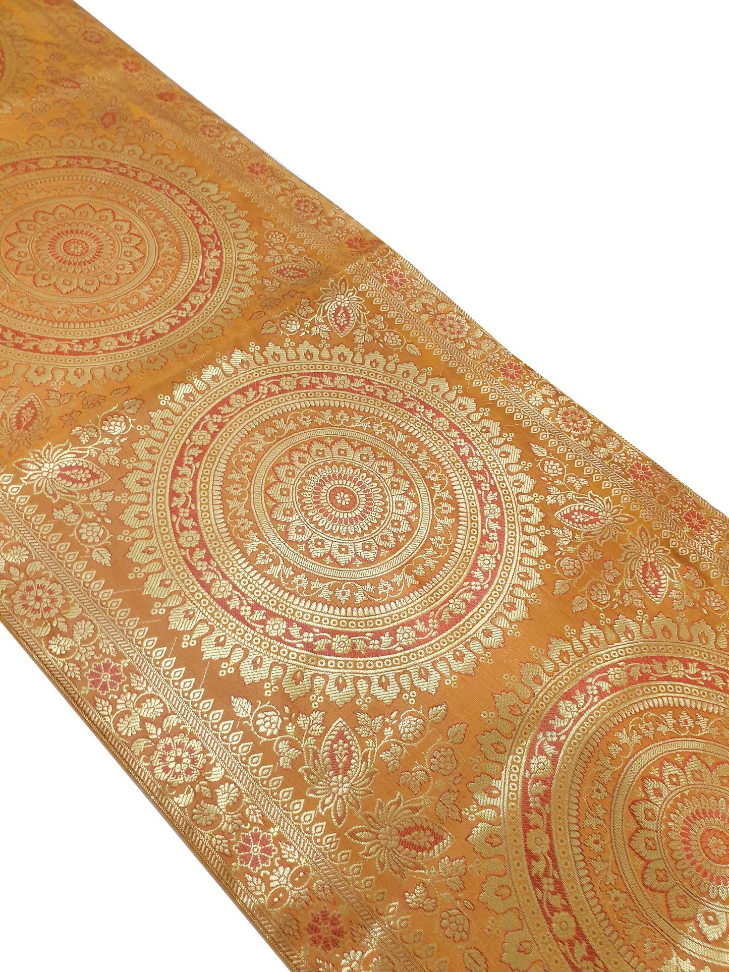 Mustard Table Runner 72x16" Banarasi Silk Brocade Mandala Dining Decor Cloth