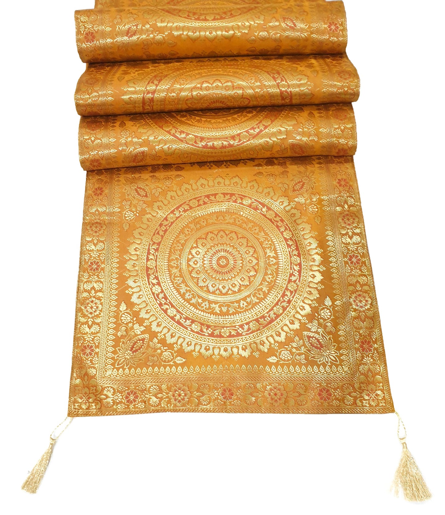 Mustard Table Runner 72x16" Banarasi Silk Brocade Mandala Dining Decor Cloth