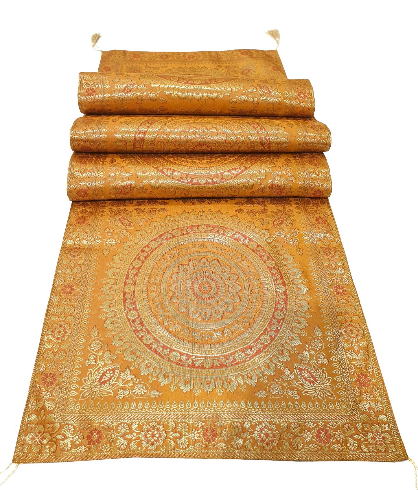 Mustard Table Runner 72x16" Banarasi Silk Brocade Mandala Dining Decor Cloth