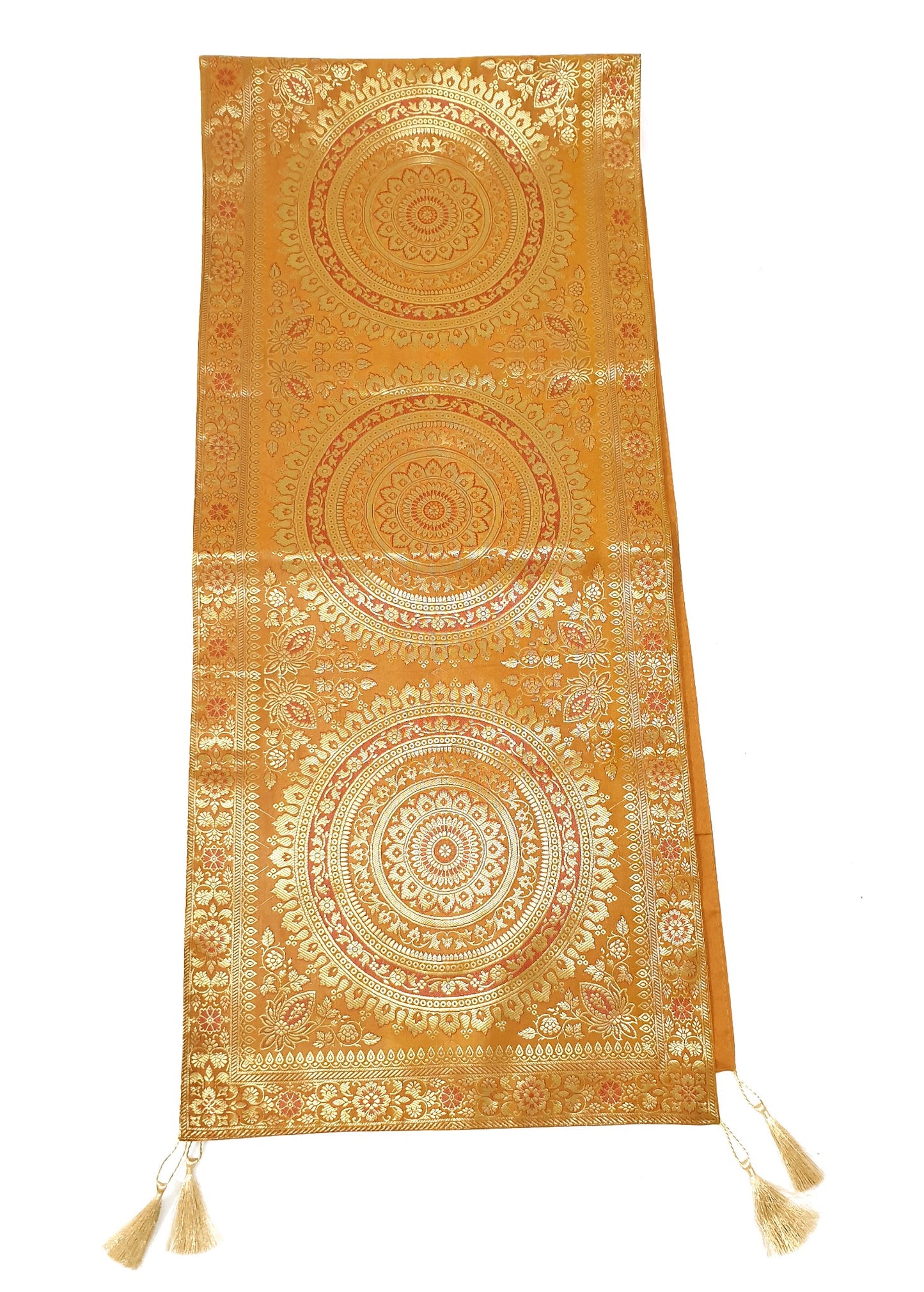Mustard Table Runner 72x16" Banarasi Silk Brocade Mandala Dining Decor Cloth