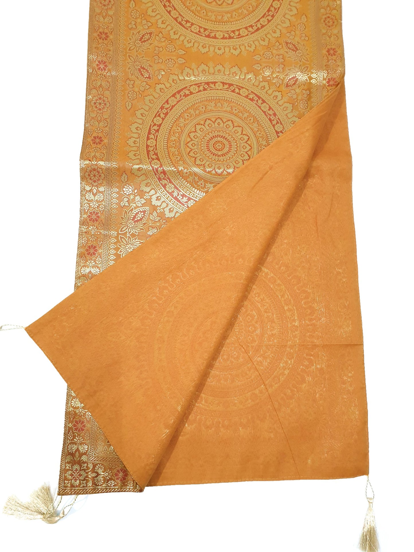 Mustard Table Runner 72x16" Banarasi Silk Brocade Mandala Dining Decor Cloth