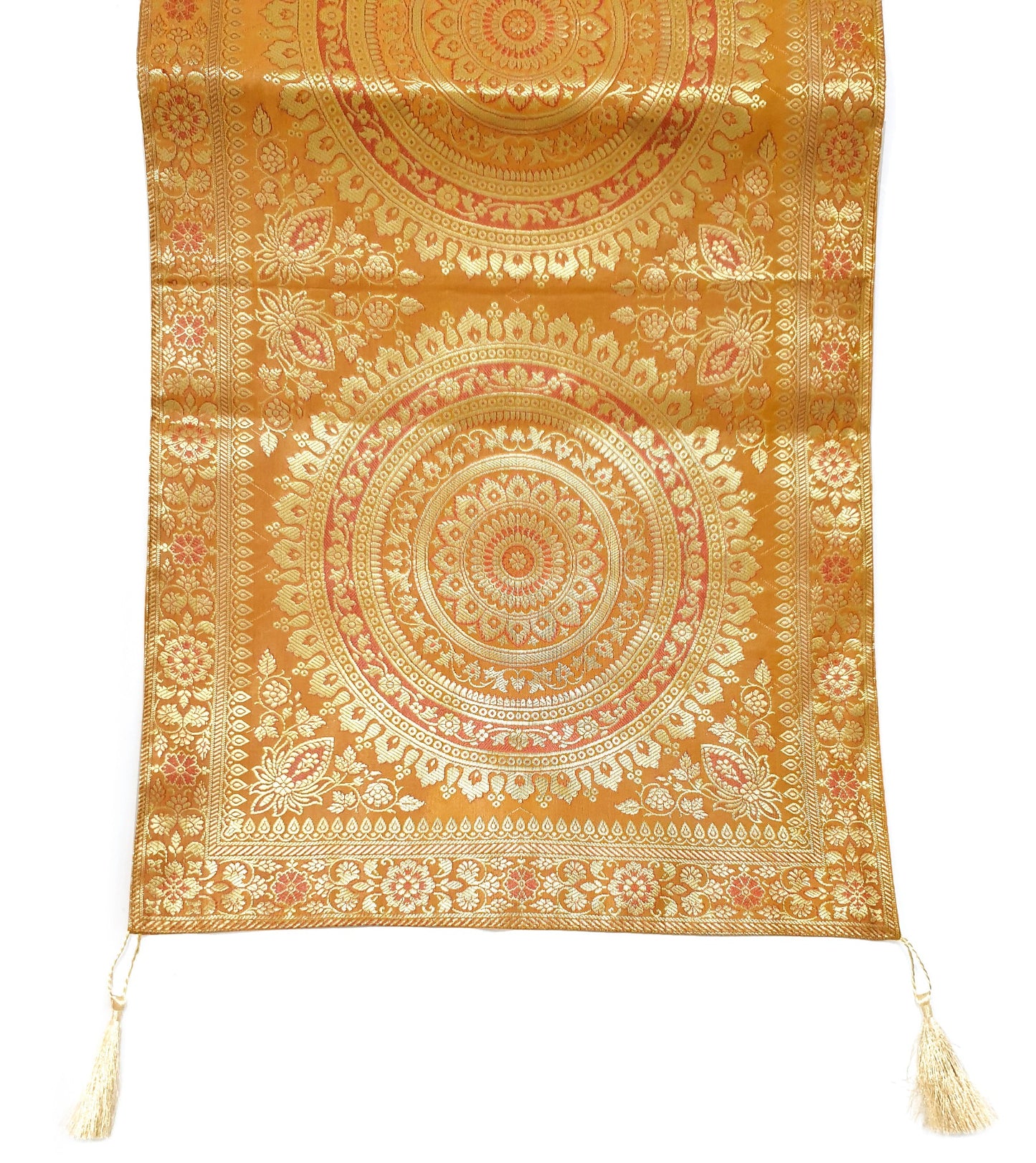 Mustard Table Runner 72x16" Banarasi Silk Brocade Mandala Dining Decor Cloth