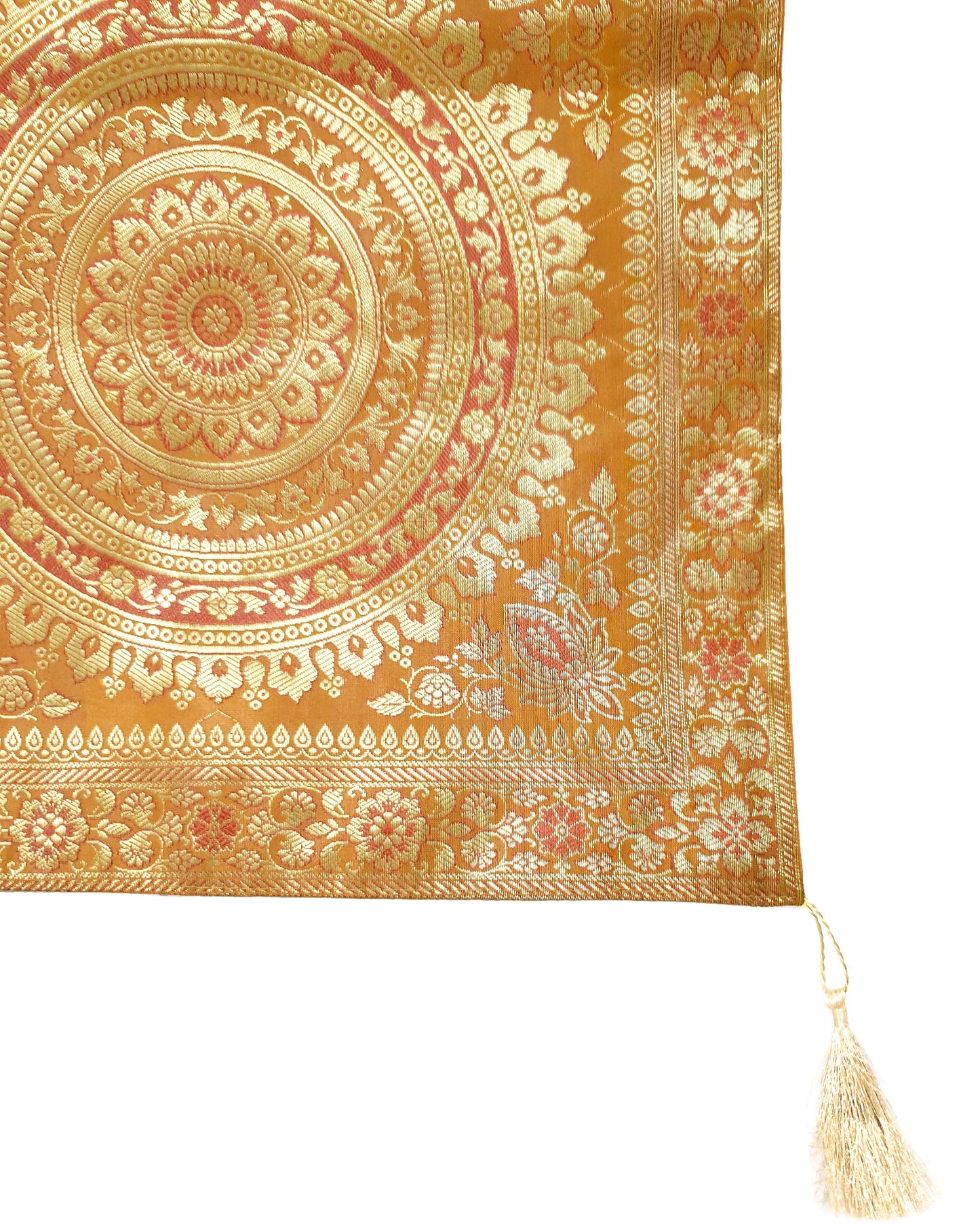 Mustard Table Runner 72x16" Banarasi Silk Brocade Mandala Dining Decor Cloth