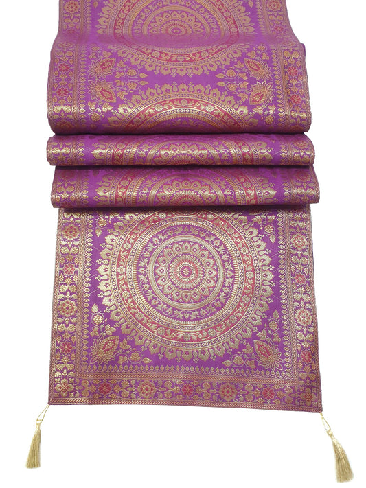 Magenta Banarasi Table Runner 72x16" Silk Brocade Mandala Dining Decor Cloth