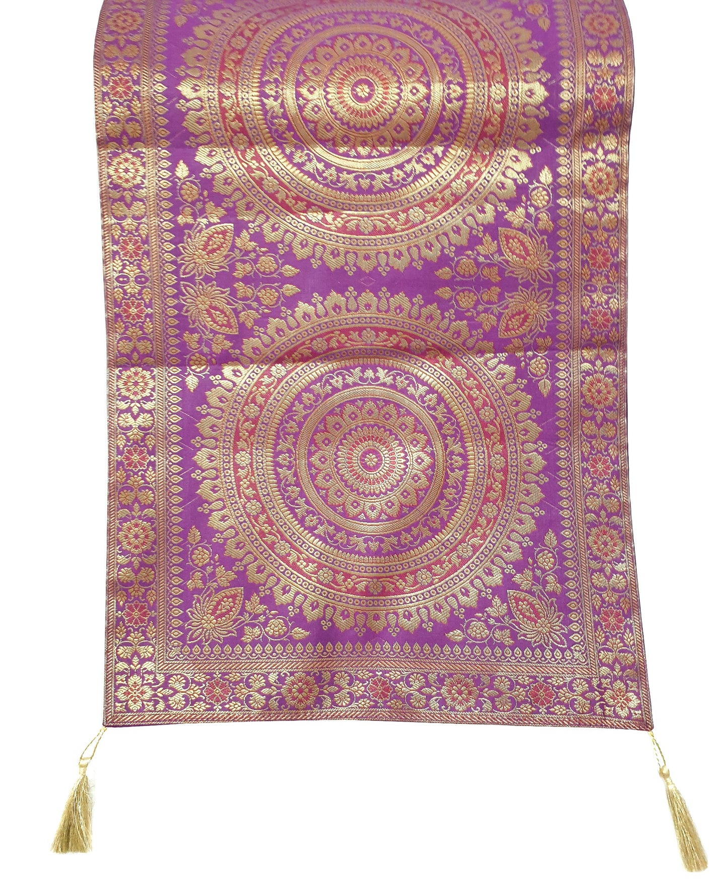 Magenta Banarasi Table Runner 72x16" Silk Brocade Mandala Dining Decor Cloth