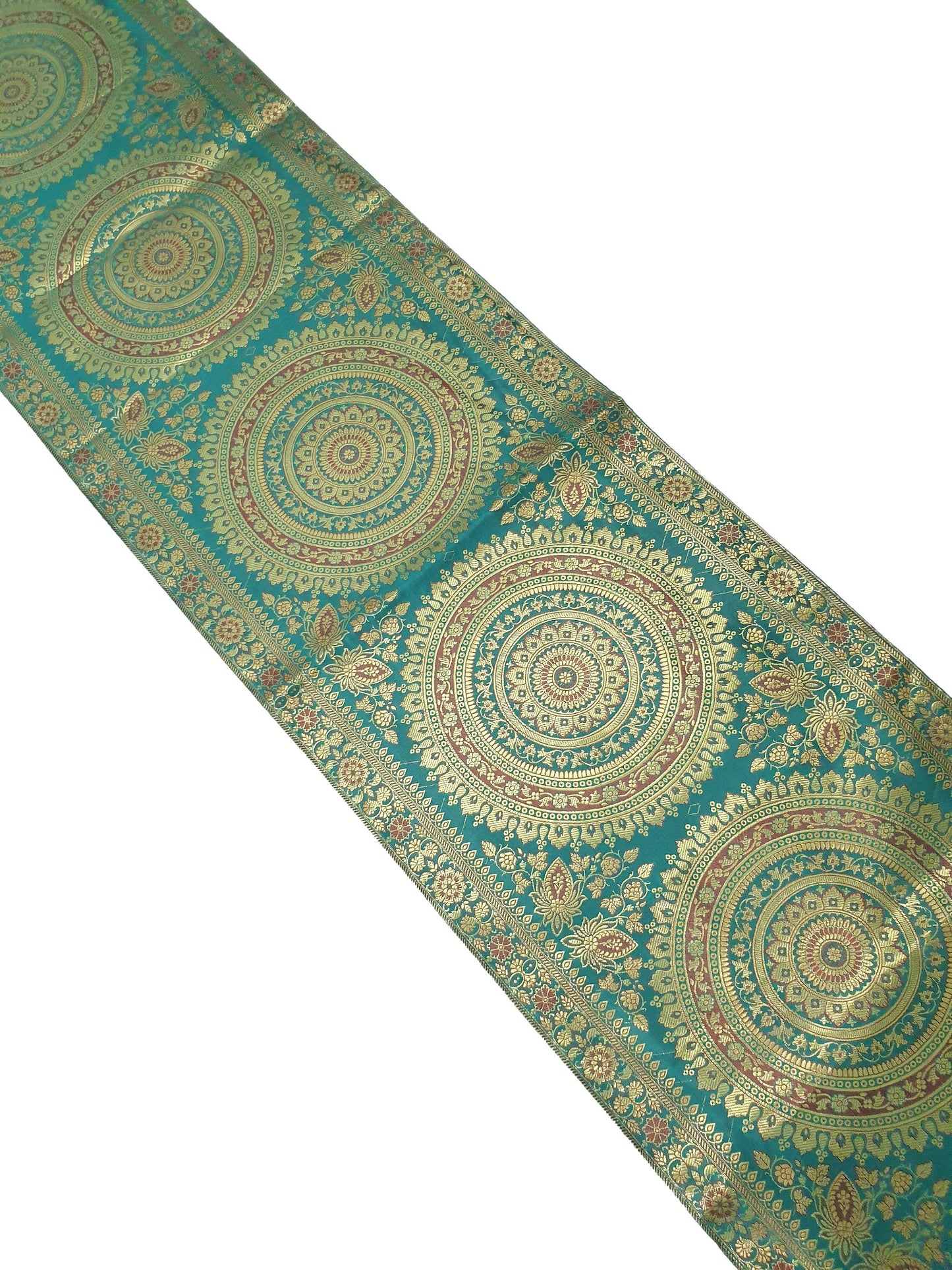 Teal Green Table Runner 72x16" Banarasi Silk Brocade Mandala Dining Decor Cloth