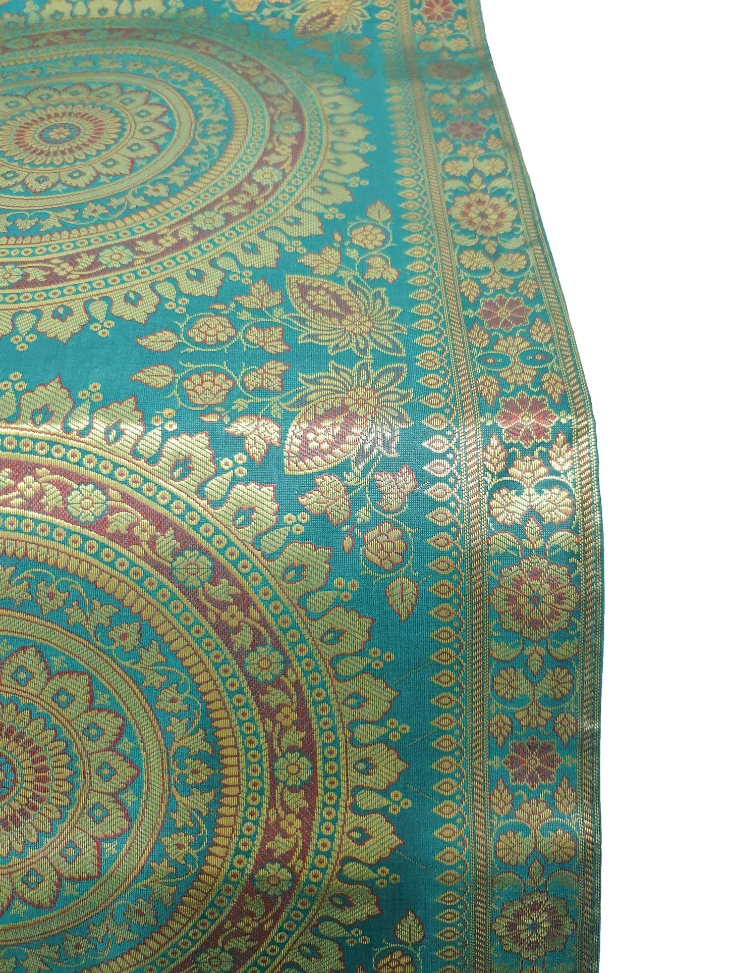 Teal Green Table Runner 72x16" Banarasi Silk Brocade Mandala Dining Decor Cloth