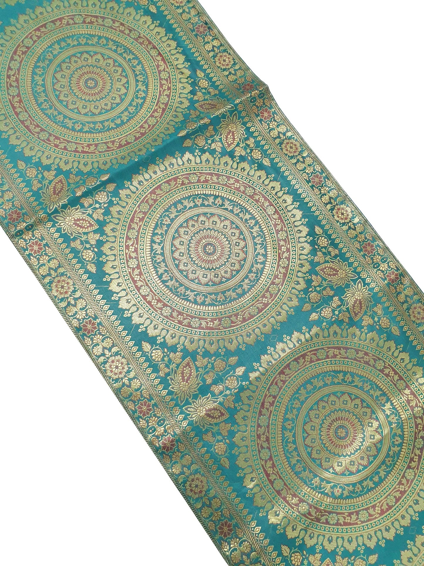 Teal Green Table Runner 72x16" Banarasi Silk Brocade Mandala Dining Decor Cloth