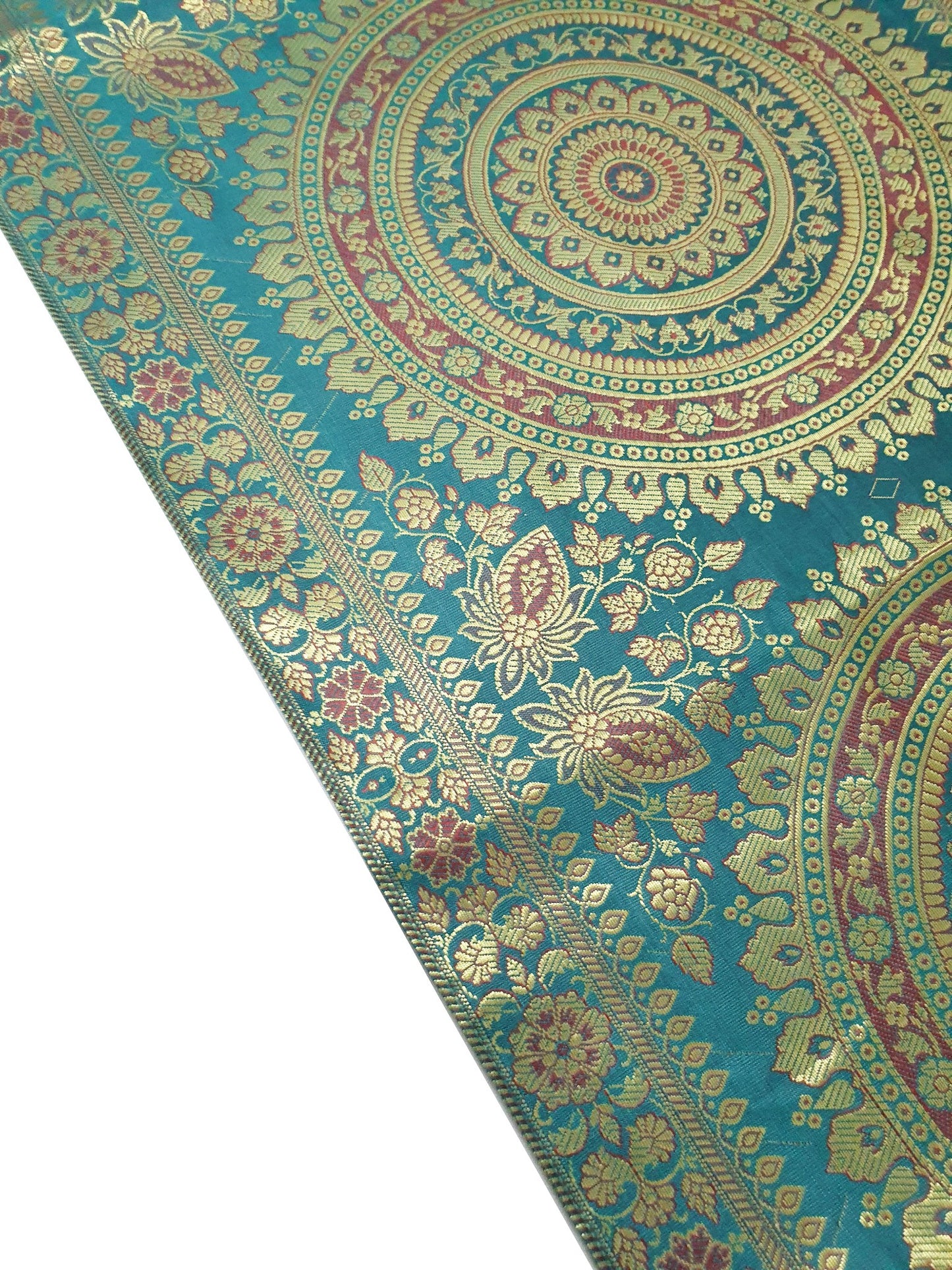 Teal Green Table Runner 72x16" Banarasi Silk Brocade Mandala Dining Decor Cloth